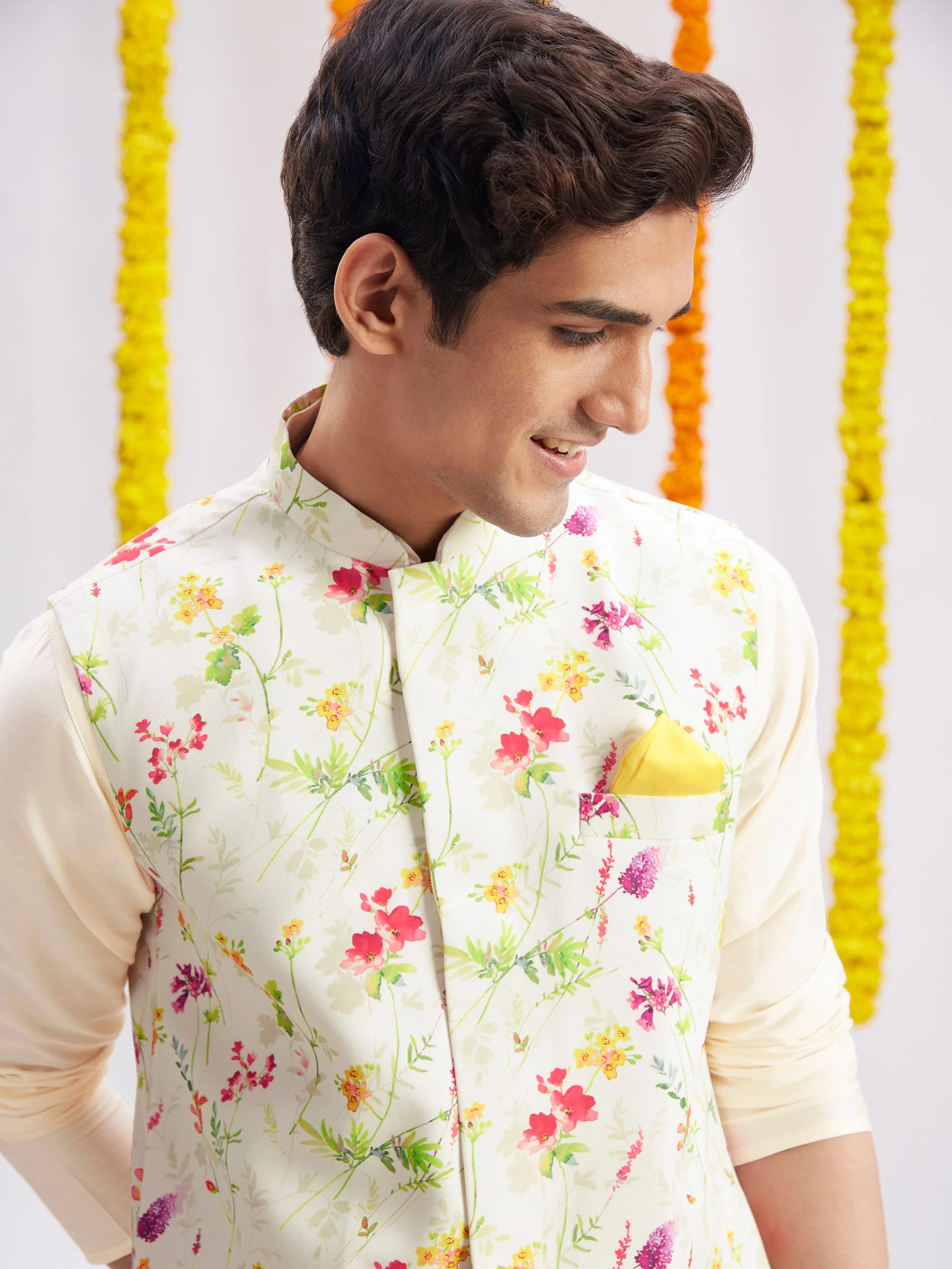 Cream Printed Nehru Jacket And Cream Solid Kurta With Pyjama Set - Image 4