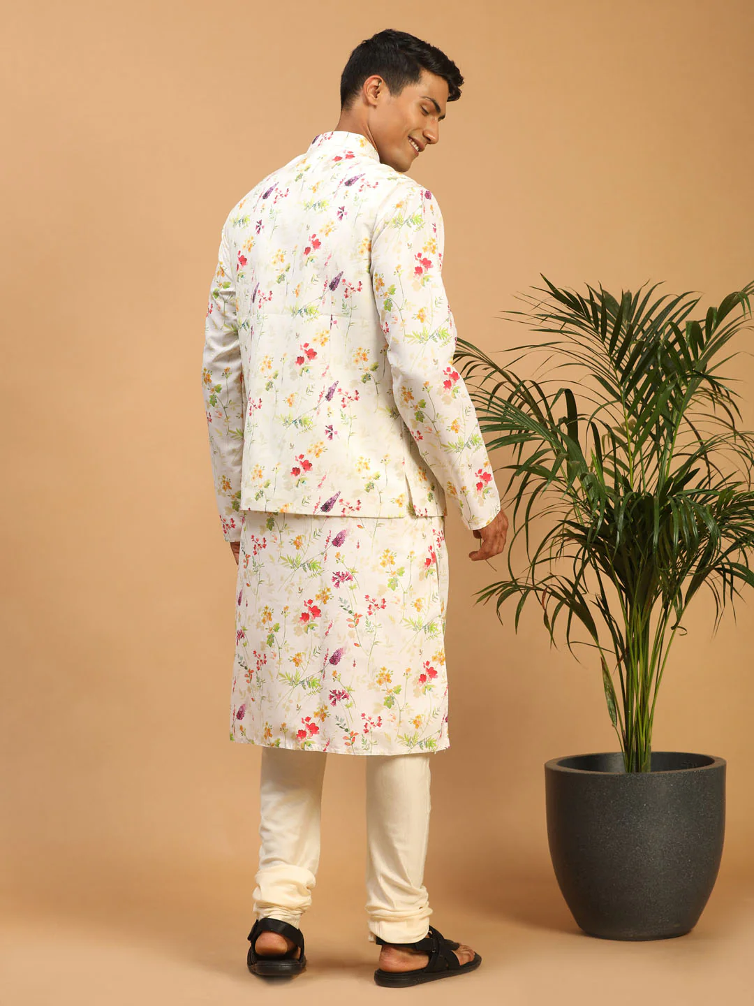 Cream Printed Nehru Jacket And Multicolor-Base Printed Kurta With Cream Pyjama Set - Image 3