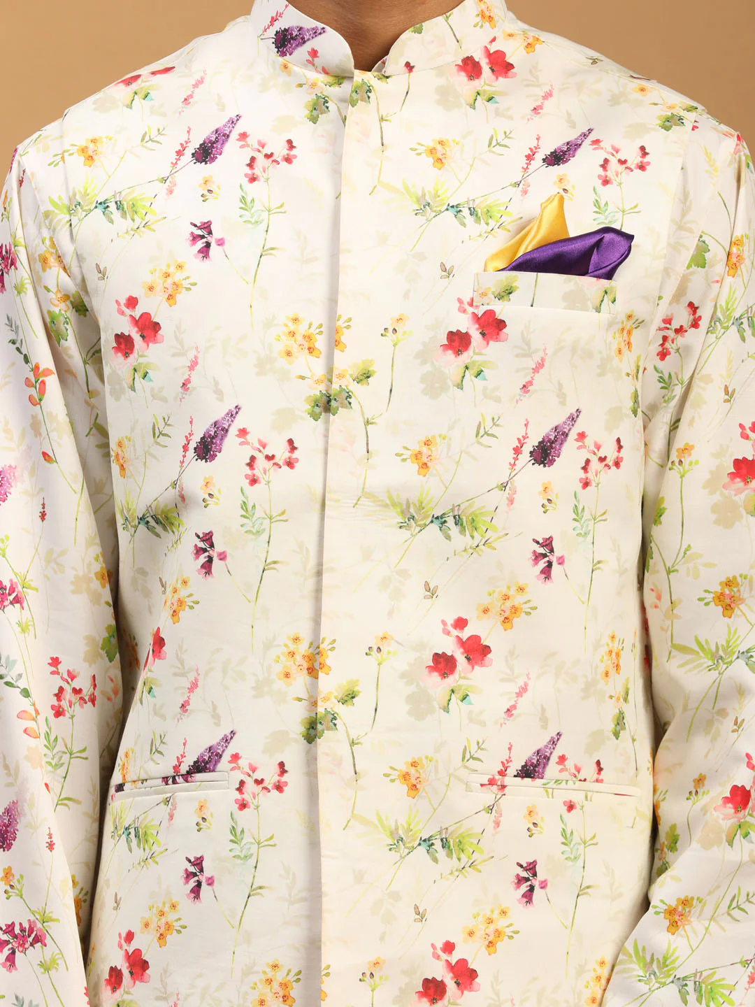 Cream Printed Nehru Jacket And Multicolor-Base Printed Kurta With Cream Pyjama Set - Image 4