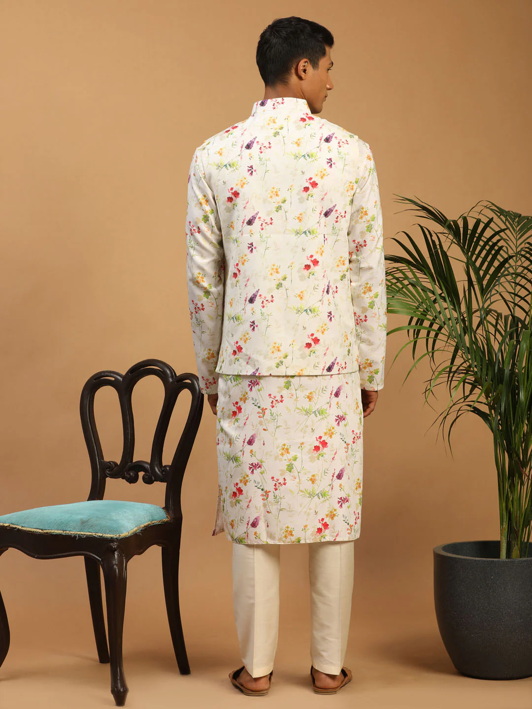 Cream Printed Nehru Jacket And Multicolor-Base Printed Kurta With Cream Viscose Stylish Pant Set - Image 3