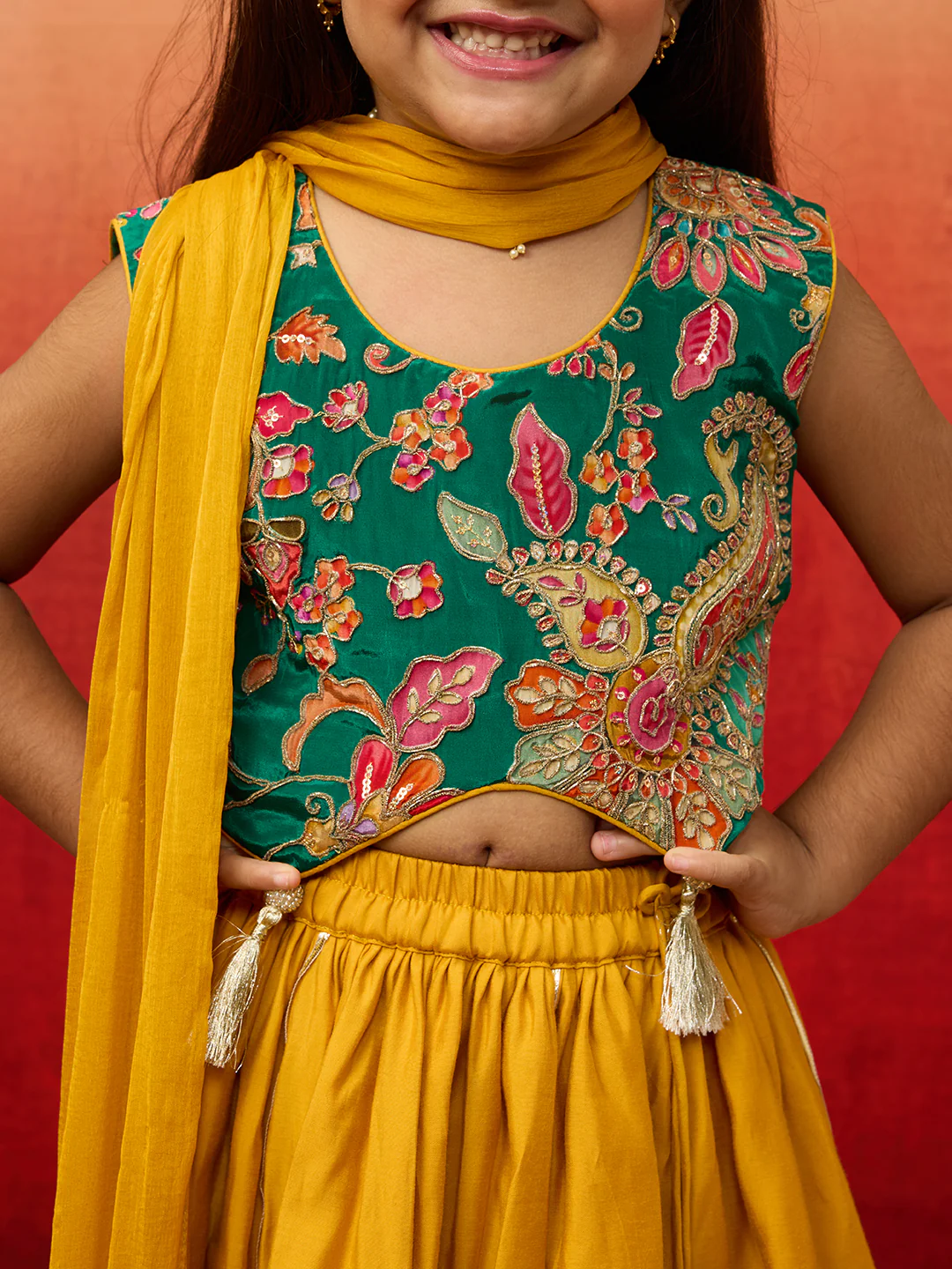Vastramay Girls' Green Crepe Lehenga Set with Paisley Embroidery - Image 3