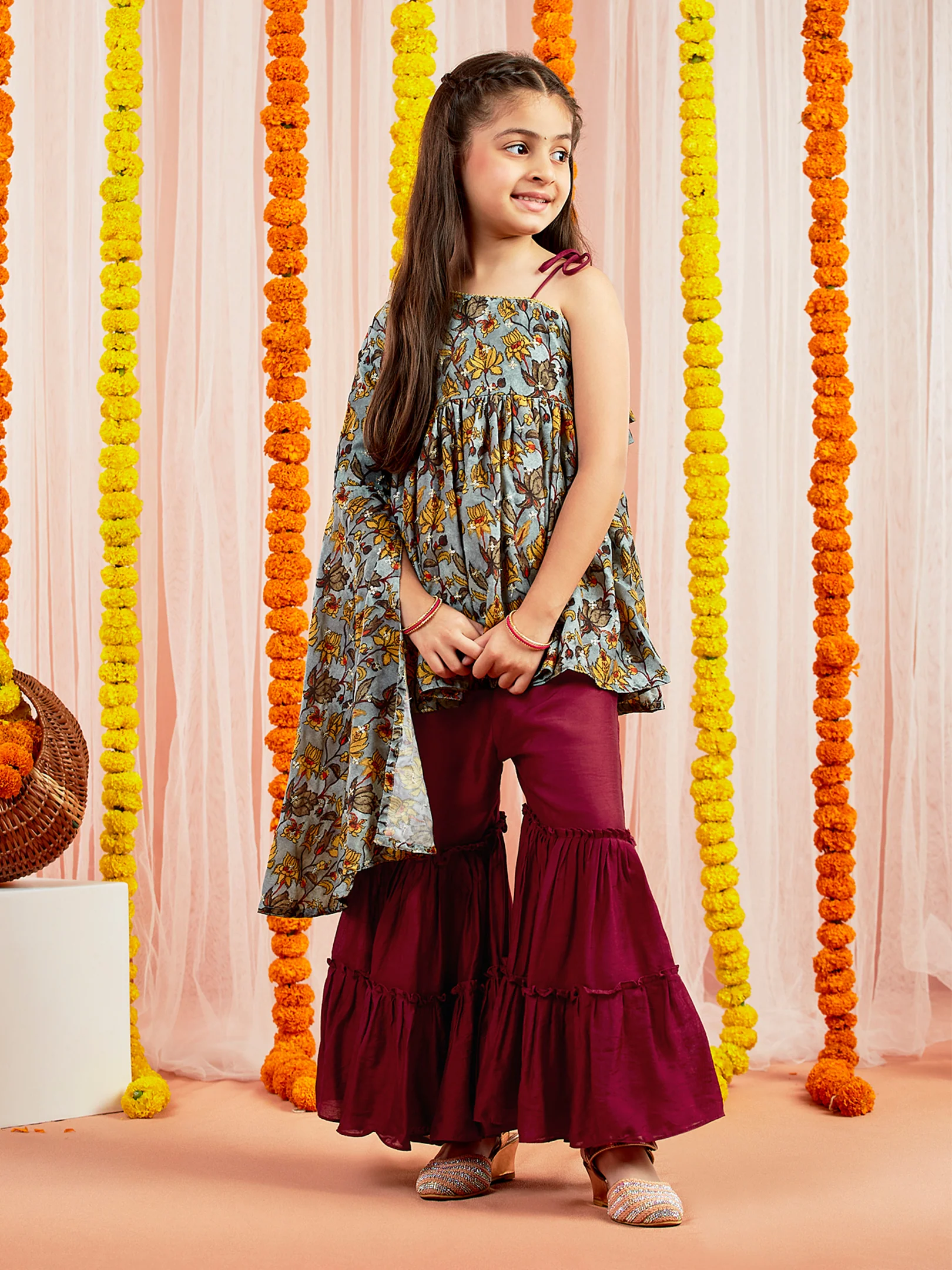 Girls' Grey Printed Tunic With Palazzo Set - Image 3