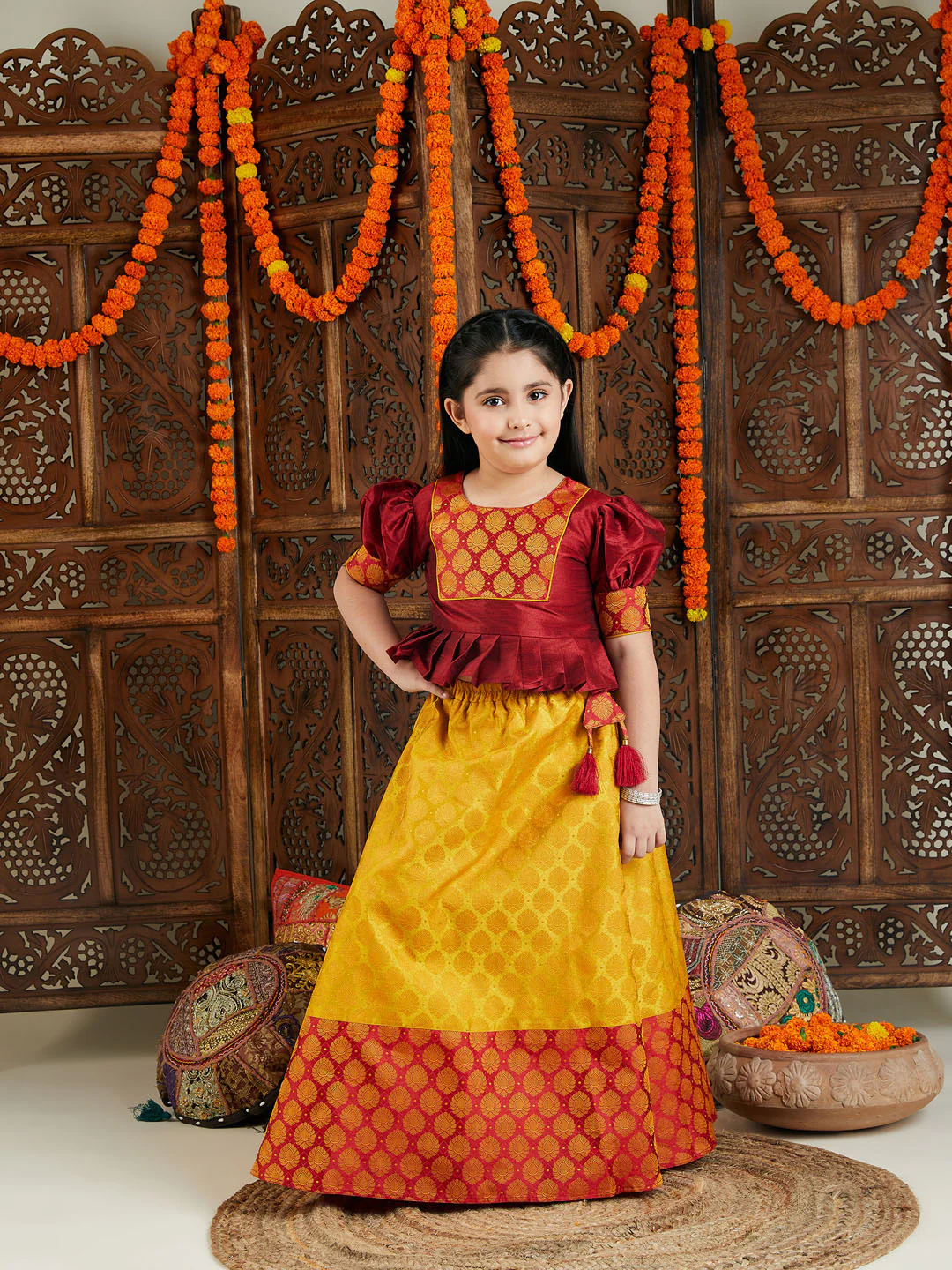 Girl's' Mustard And Maroon Lehenga Set - Image 4