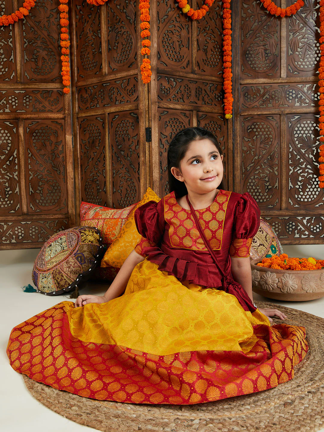 Girl's' Mustard And Maroon Lehenga Set - Image 6