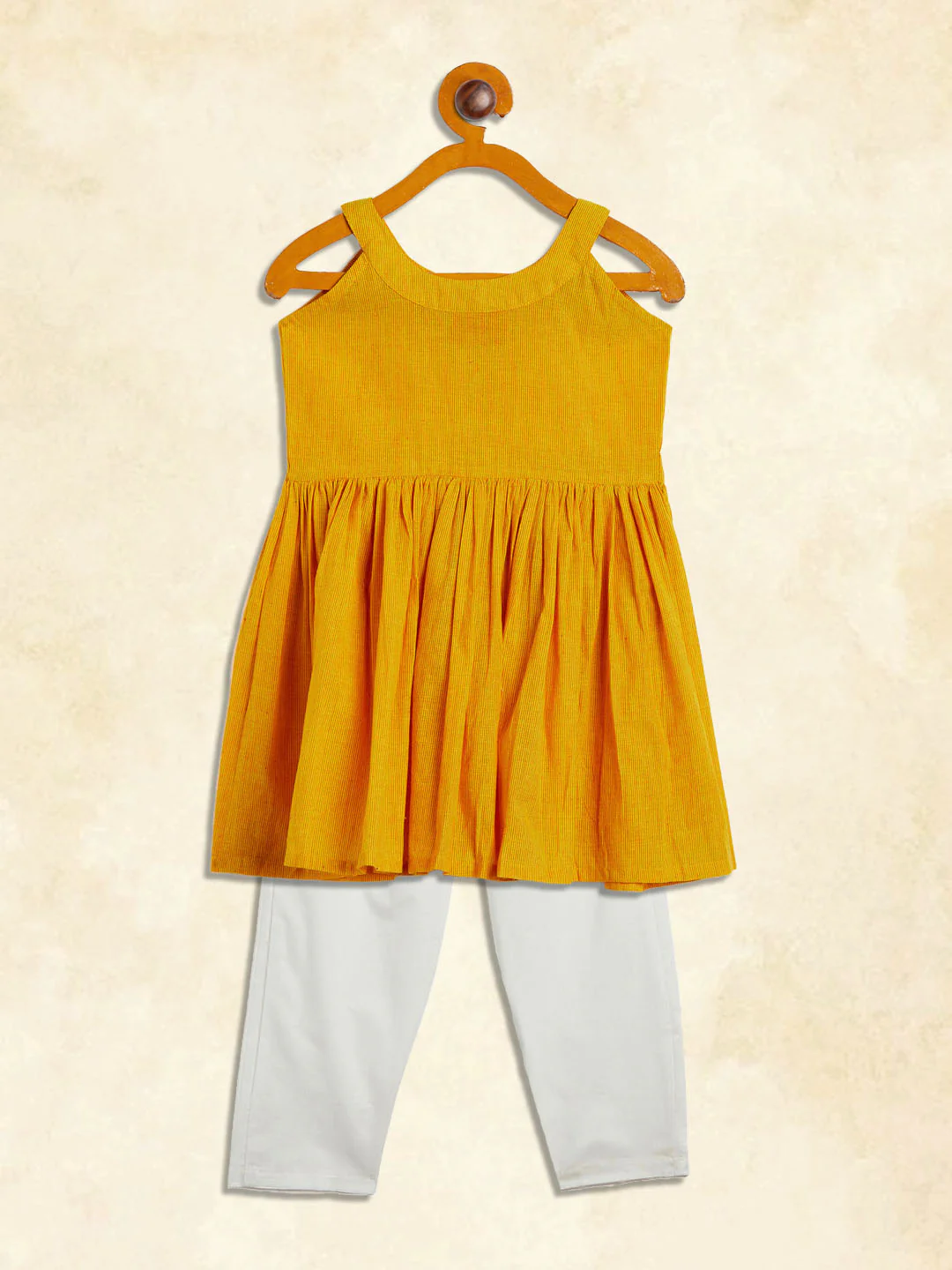 Girl's Mustard Striped Handloom Kurta With Cream Pyjama Set - Image 3
