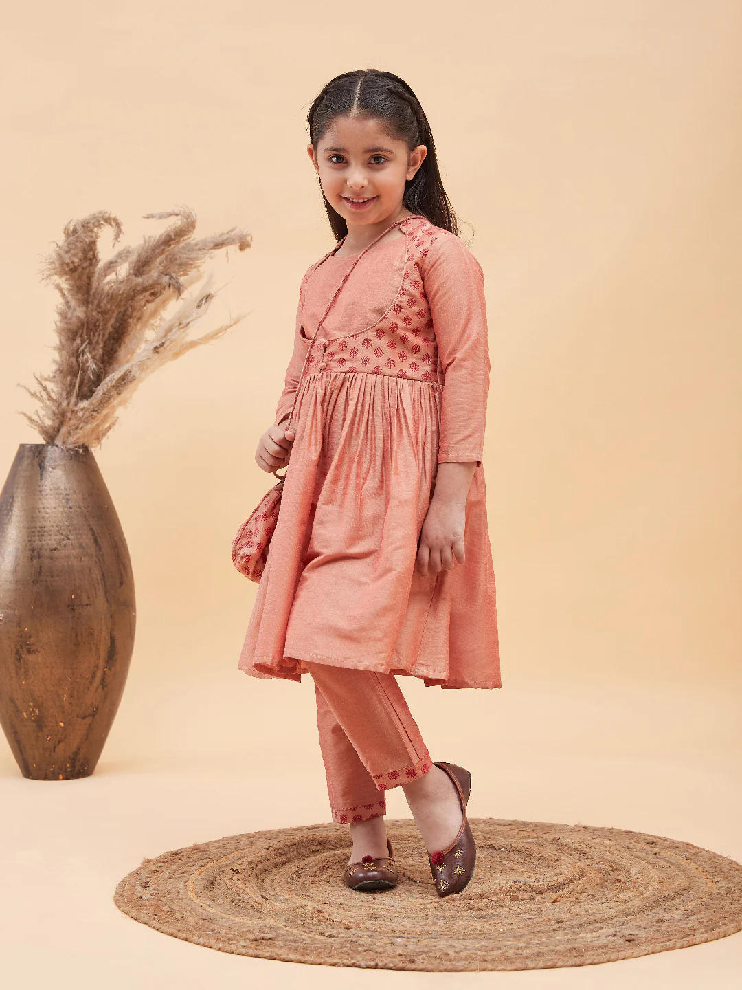 Girl's Pink Anarkali Kurta Pyjama Set With Potli Bag - Image 8