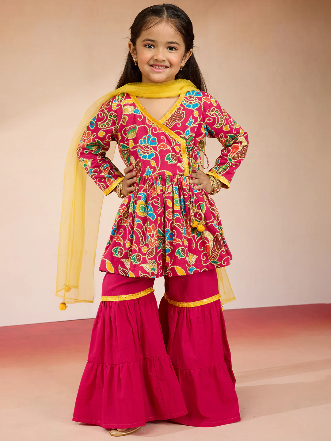Vastramay Girls Pink Cotton Kurta Set with Sharara - Image 3