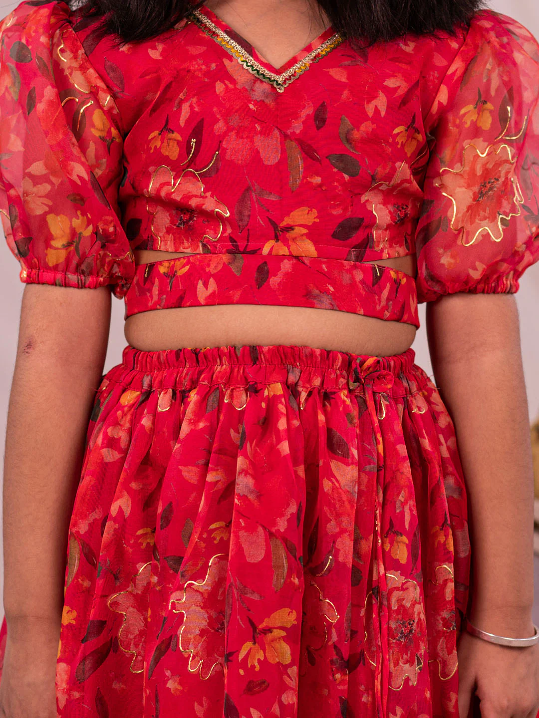 Girl's' Pink Printed Organza Lehenga Set - Image 5