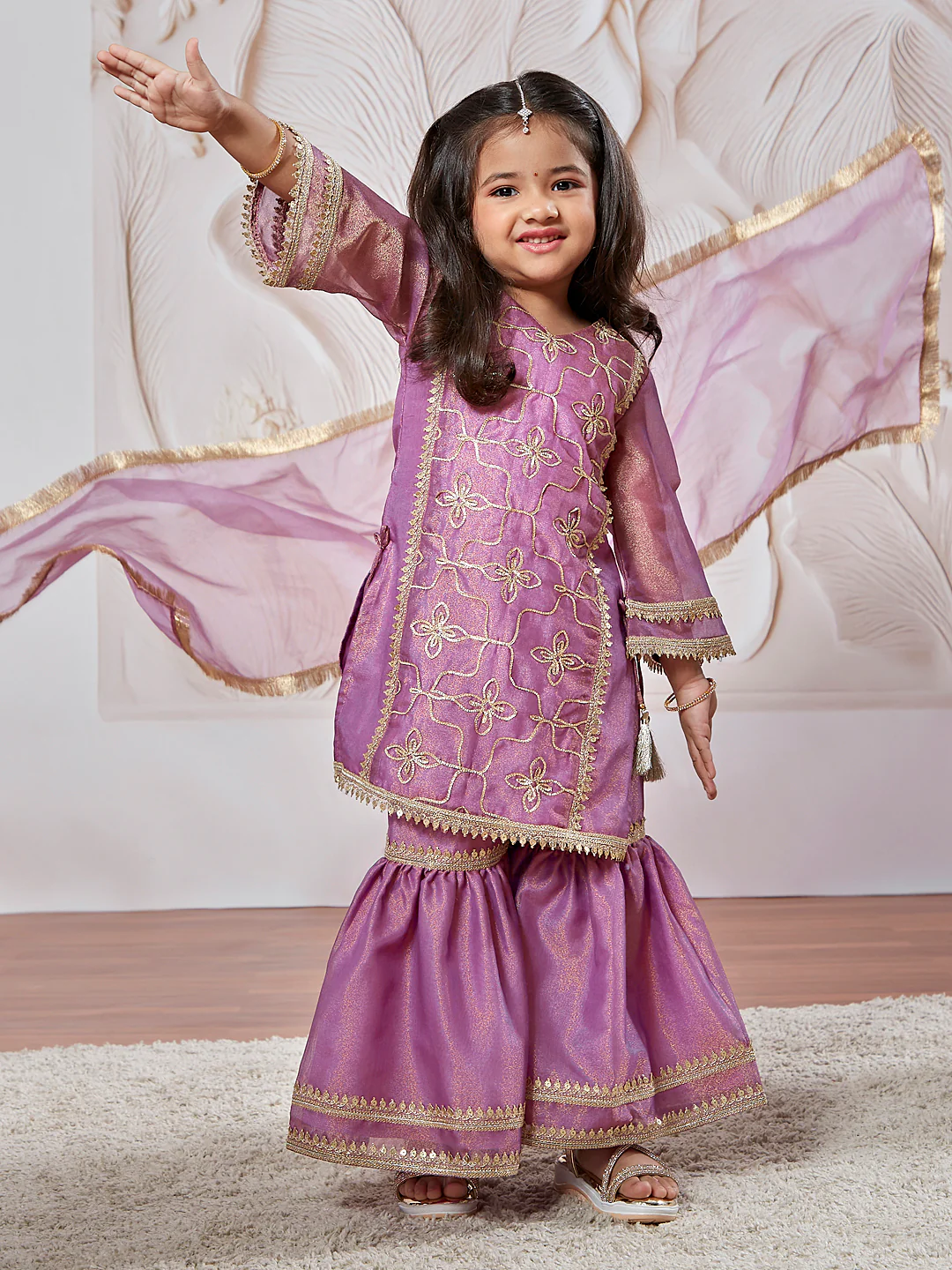 Girl's' Purple Kurta Sharara Set With Dupatta - Image 6