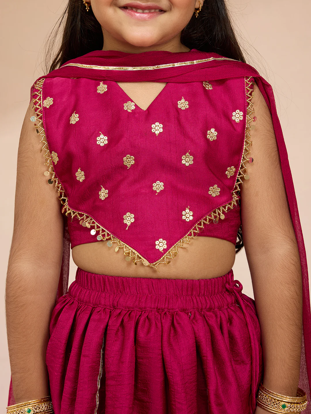 Vastramay Girls' Rani Pink Satin Lehenga Set with Embroidery - Image 3