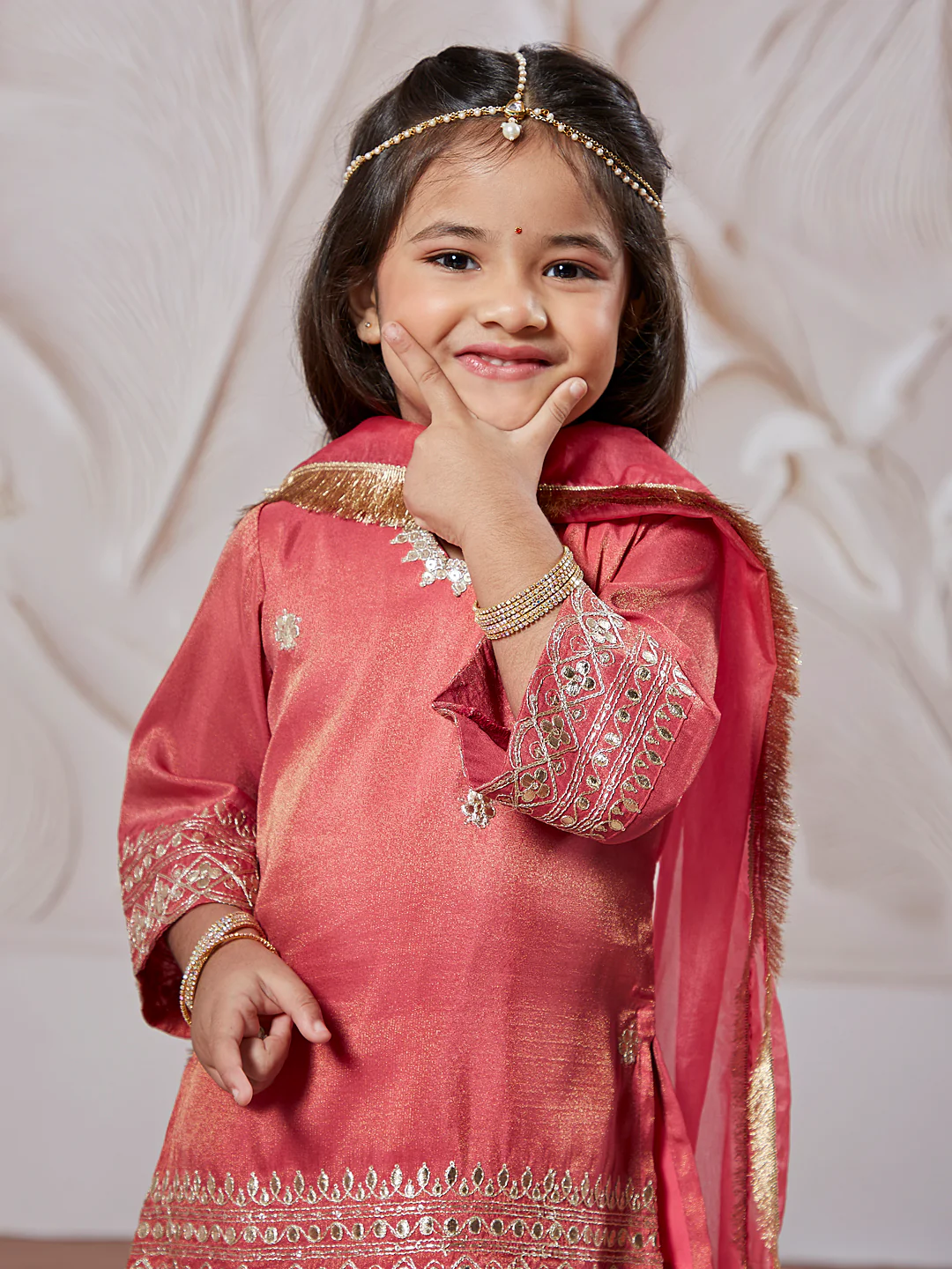 Girl's' Rose Pink Kurta Sharara And Dupatta Set - Image 5