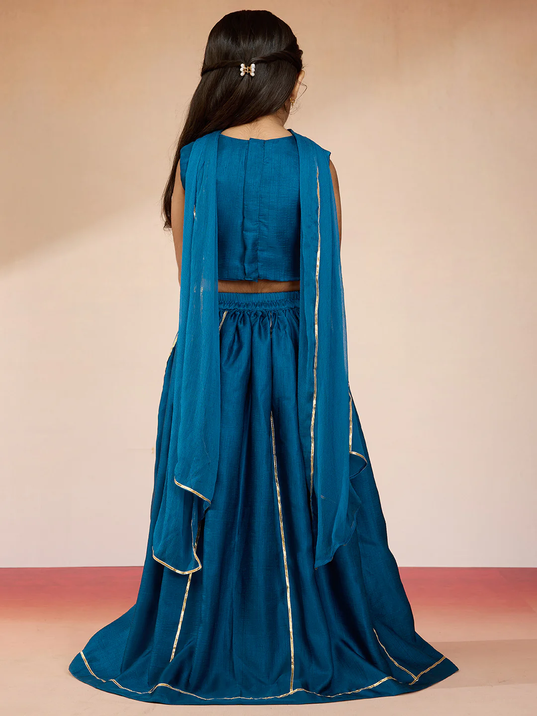 Vastramay Girls' Turquoise Satin Lehenga Set with Embroidery - Image 5