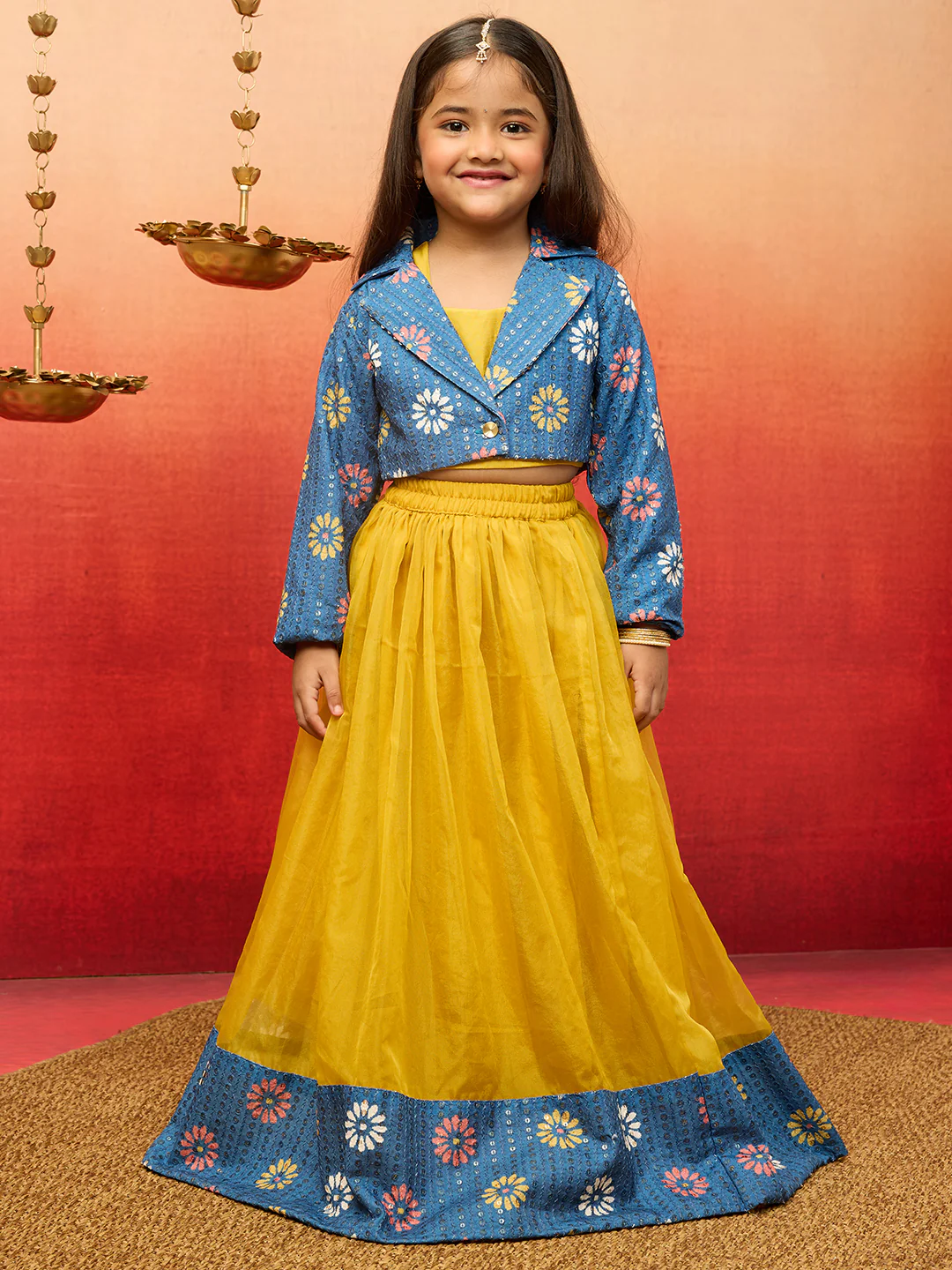 Vastramay Girls Yellow Lehenga Set with Jacket - Image 4
