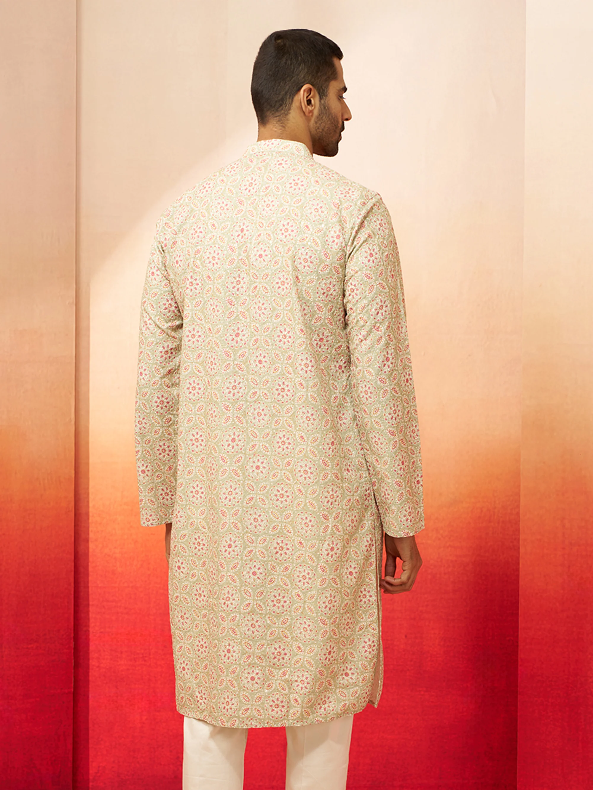 Men Green Cotton Floral Sequin Embroidered Kurta - Image 6
