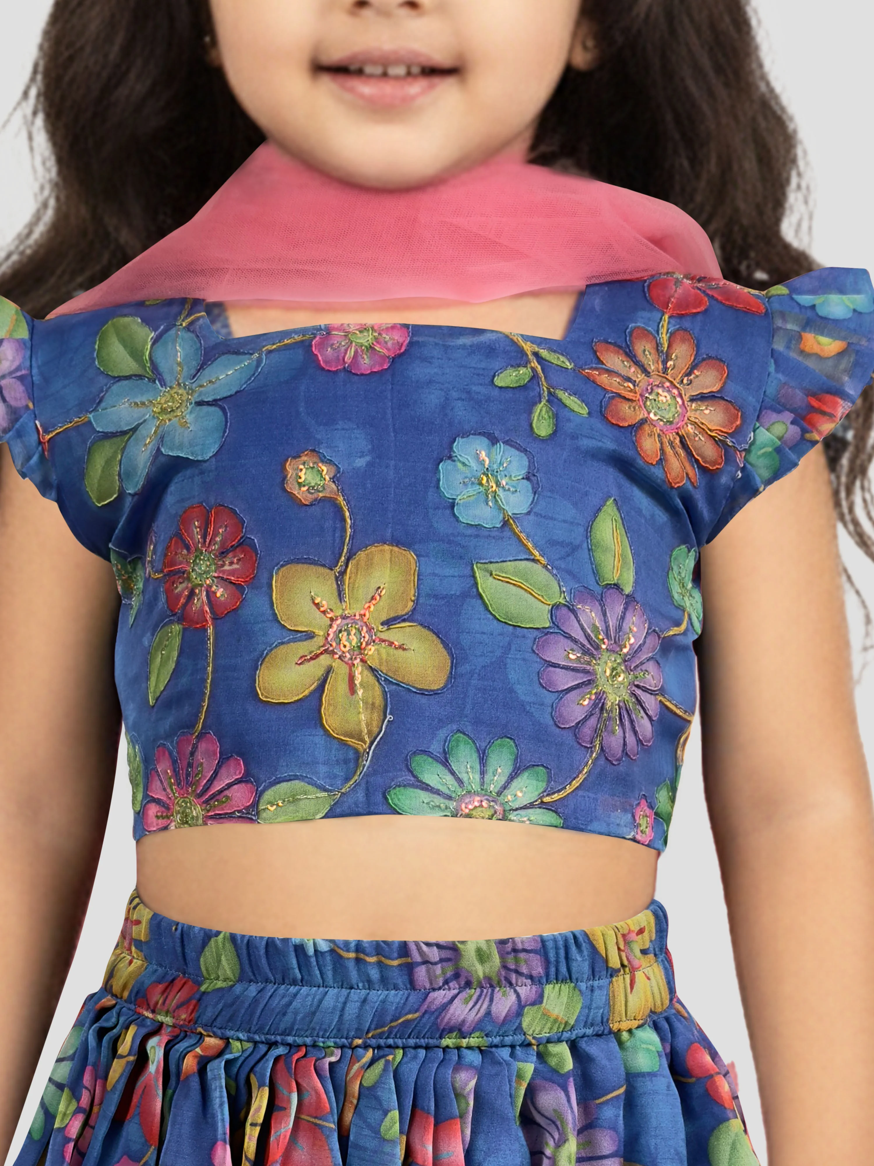 Vastramay Kids Blue Organza Lehenga Set - Image 2