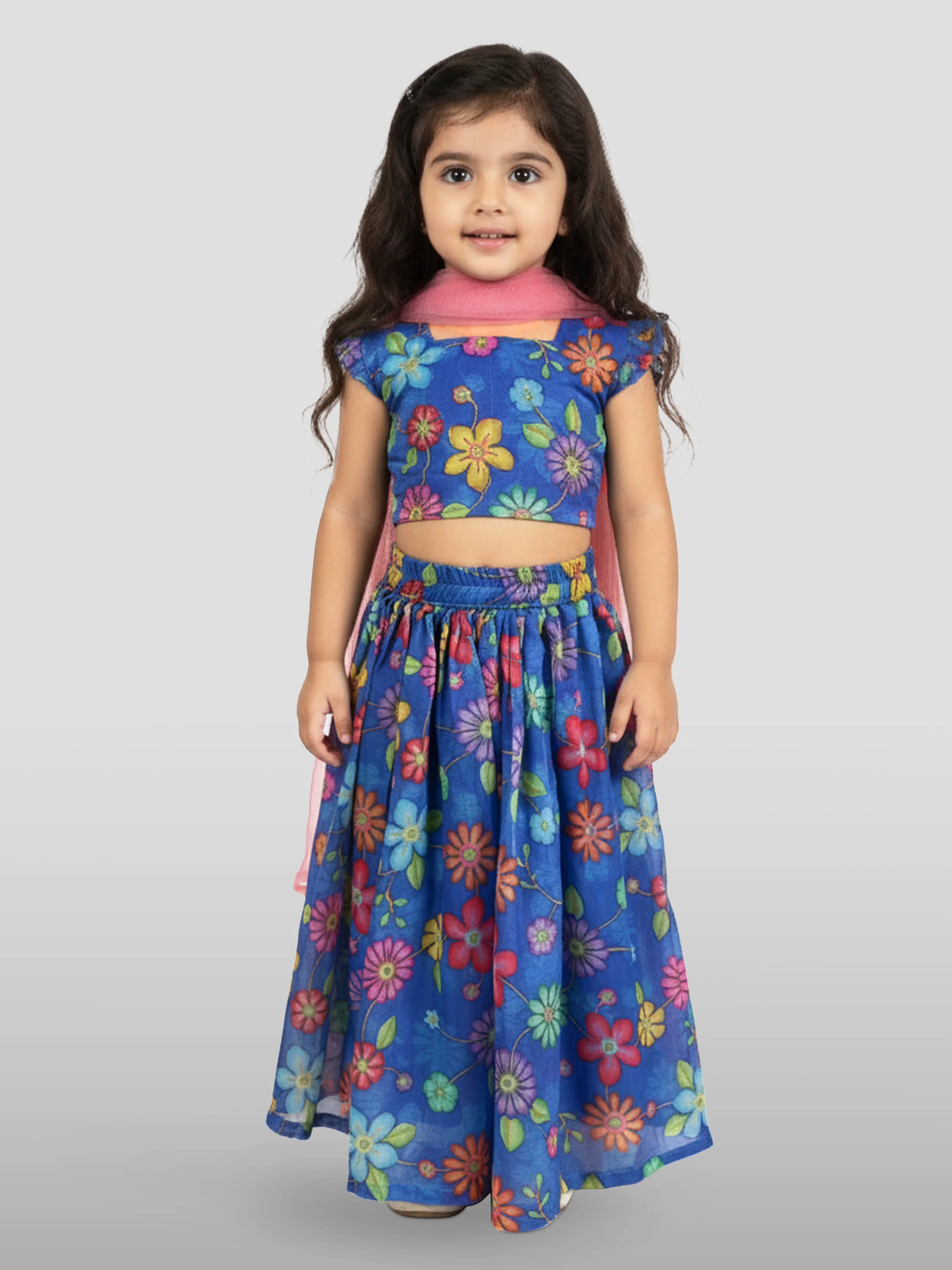 Vastramay Kids Blue Organza Lehenga Set - Image 3