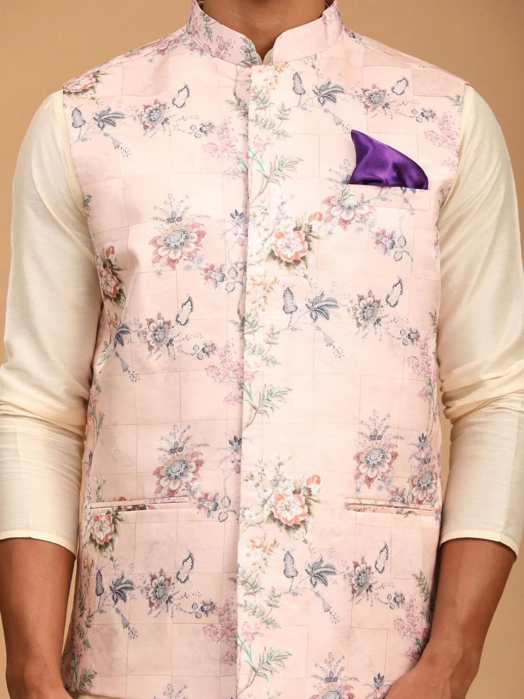 Light Pink Floral Print Nehru Jacket And Cream Solid Kurta With Pyjama Set - Image 4