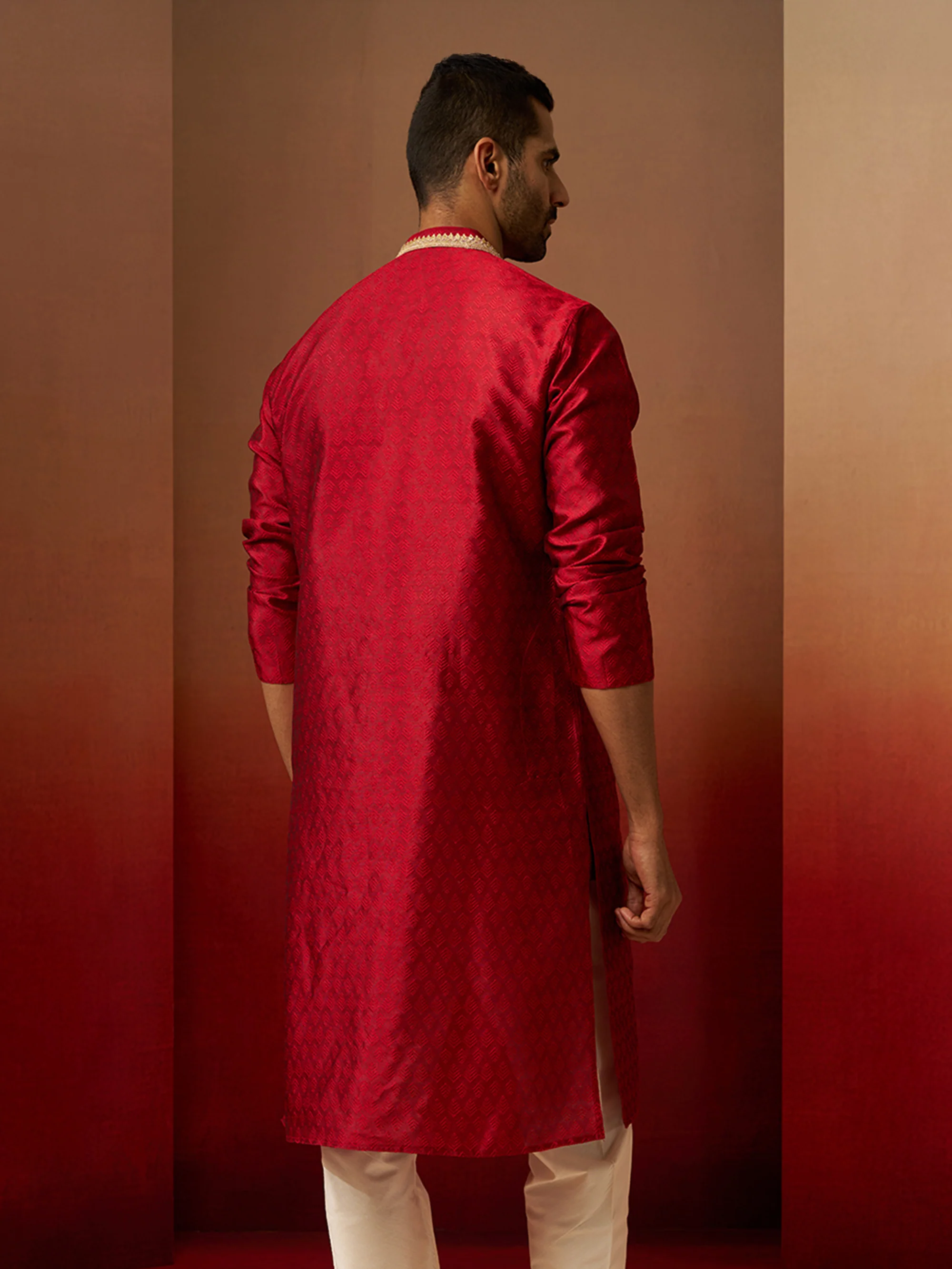 Men Maroon Silk Anmol Jacquard Kurta - Image 4