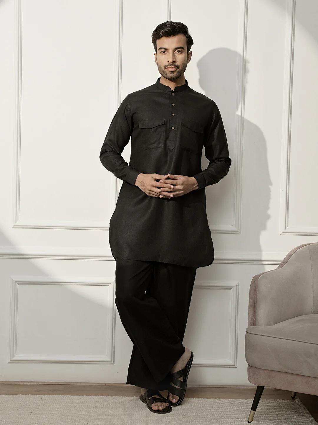 Men Black Cotton Linen Pathani Kurta With Palazzo Set - Image 3