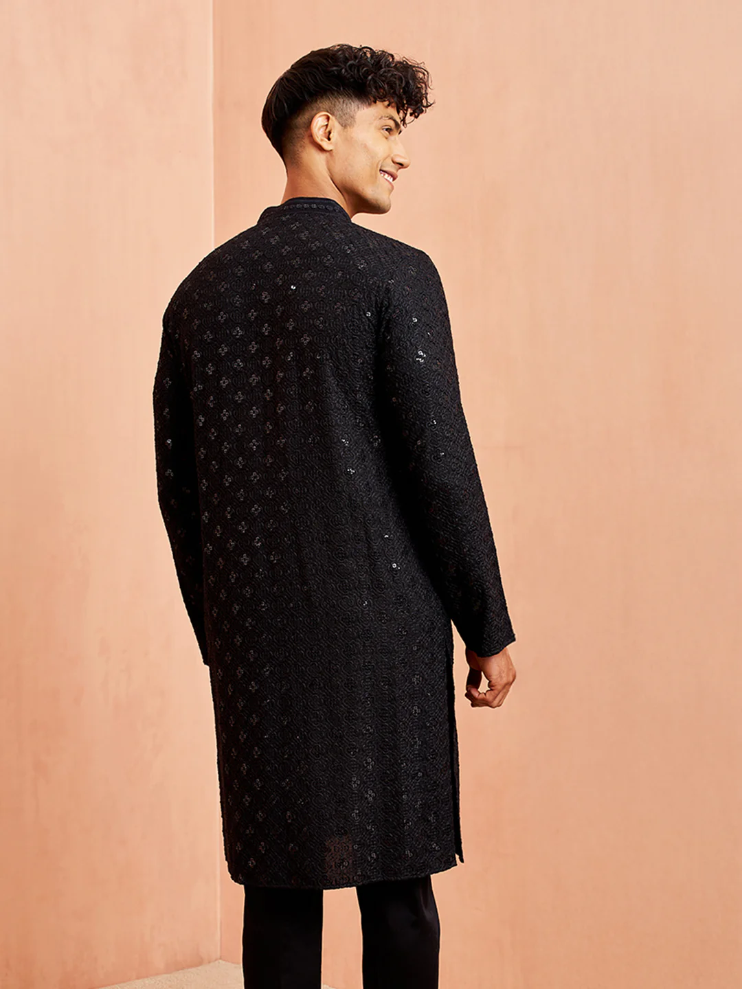 Men Black Rayon Sequin & Thread Embroidered Festive Kurta - Image 4