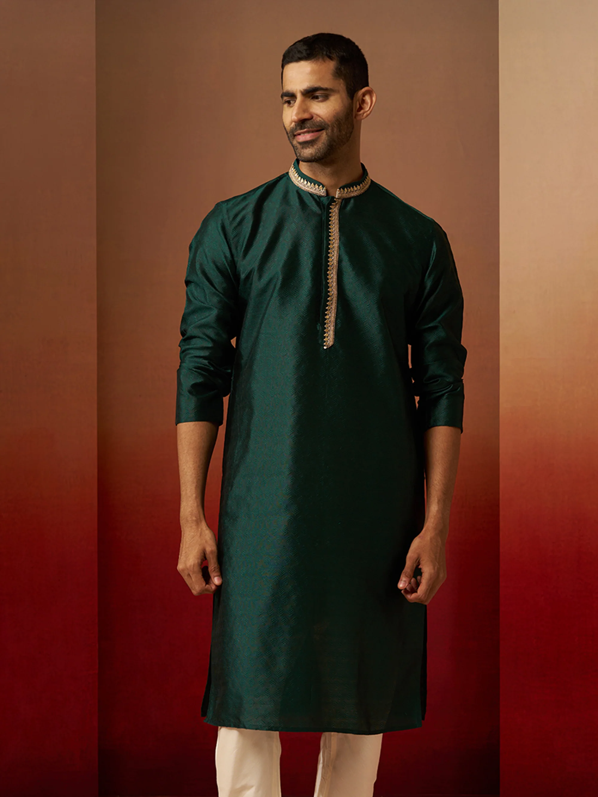 Vastramay Men Bottle Green Silk Anmol Jacquard Kurta - Image 3