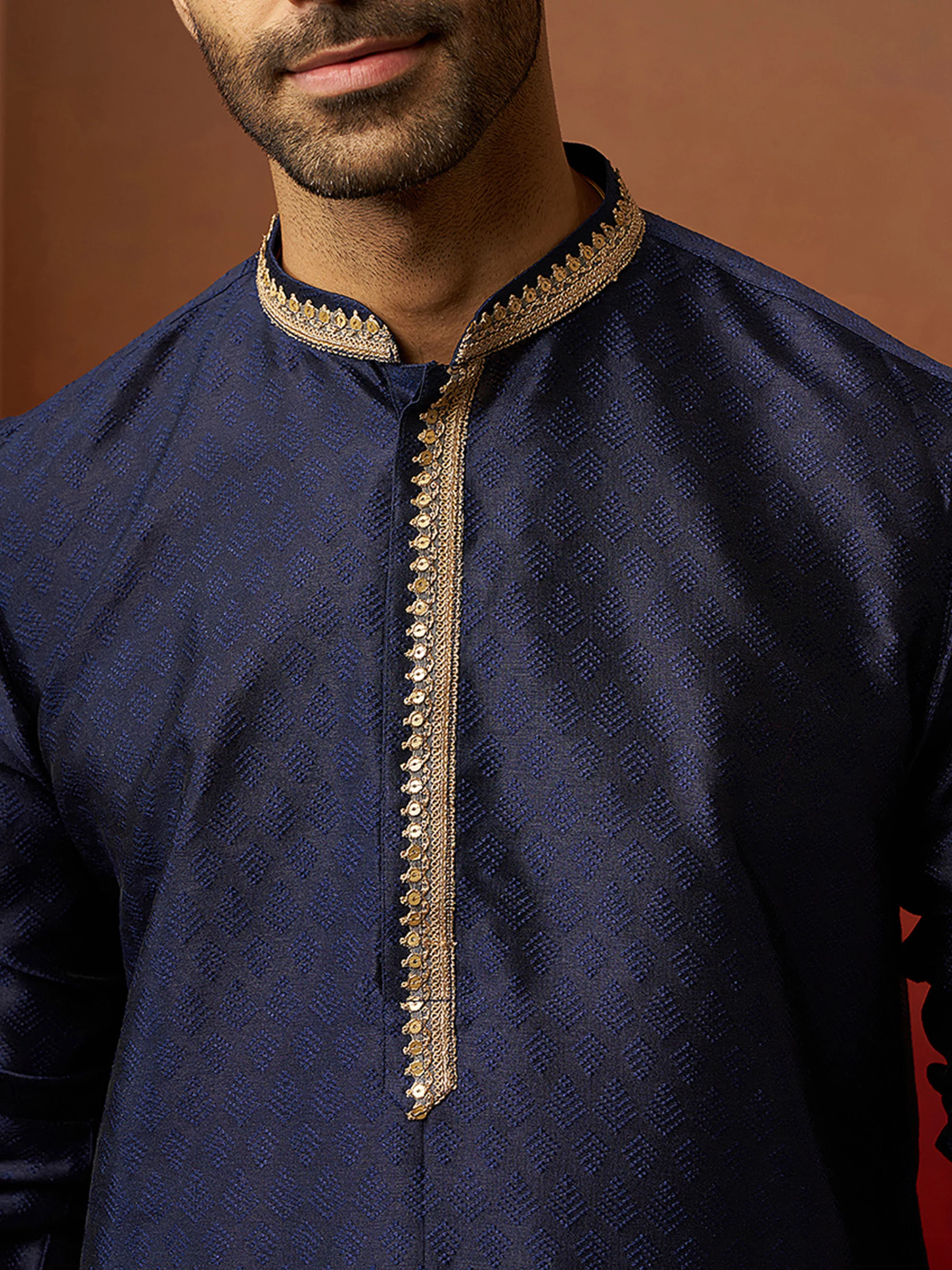 Vastramay Men Navy Blue Silk Anmol Jacquard Kurta - Image 2