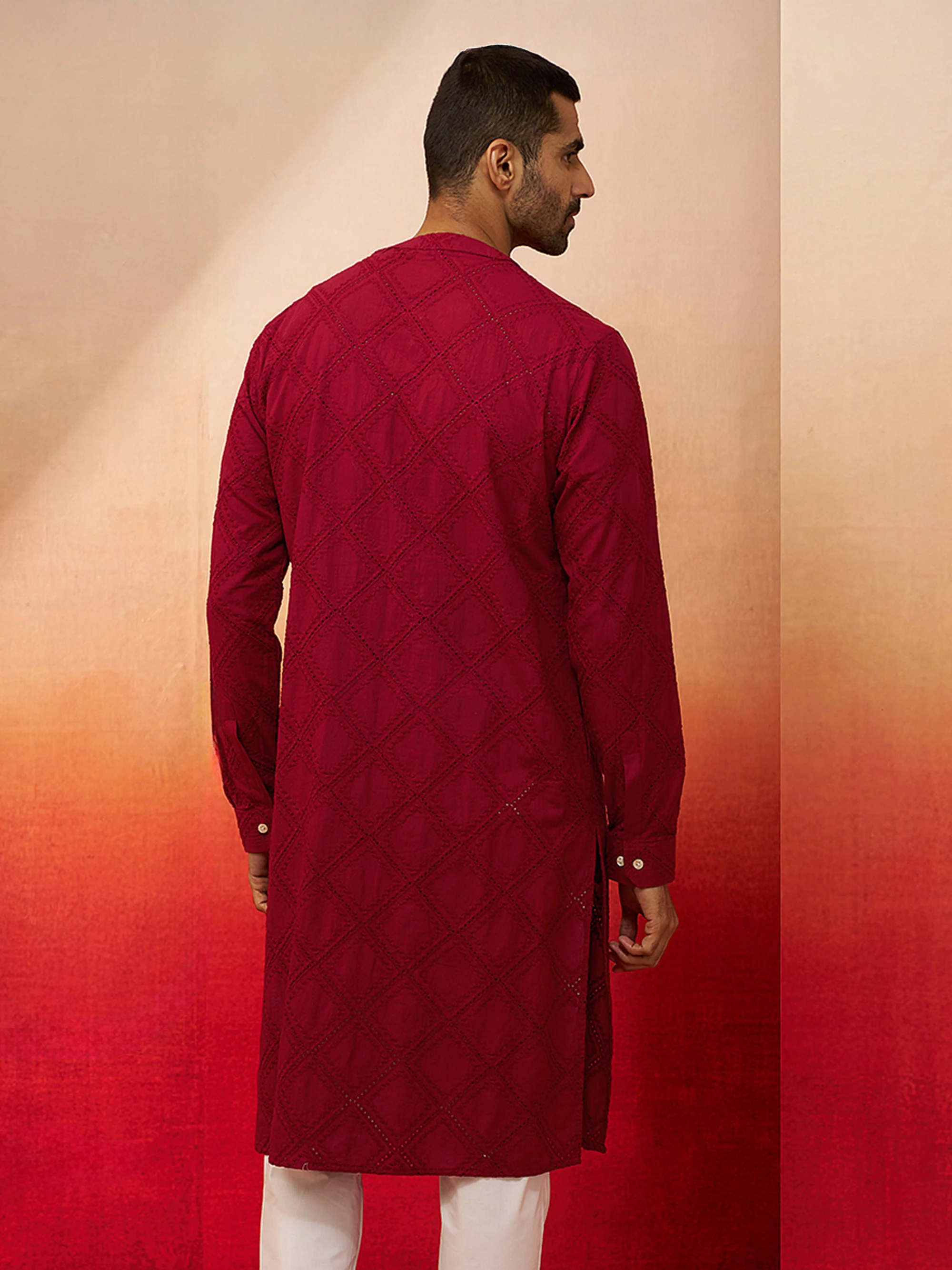 Vastramay Men Red Cotton Band Collar Kurta - Image 5