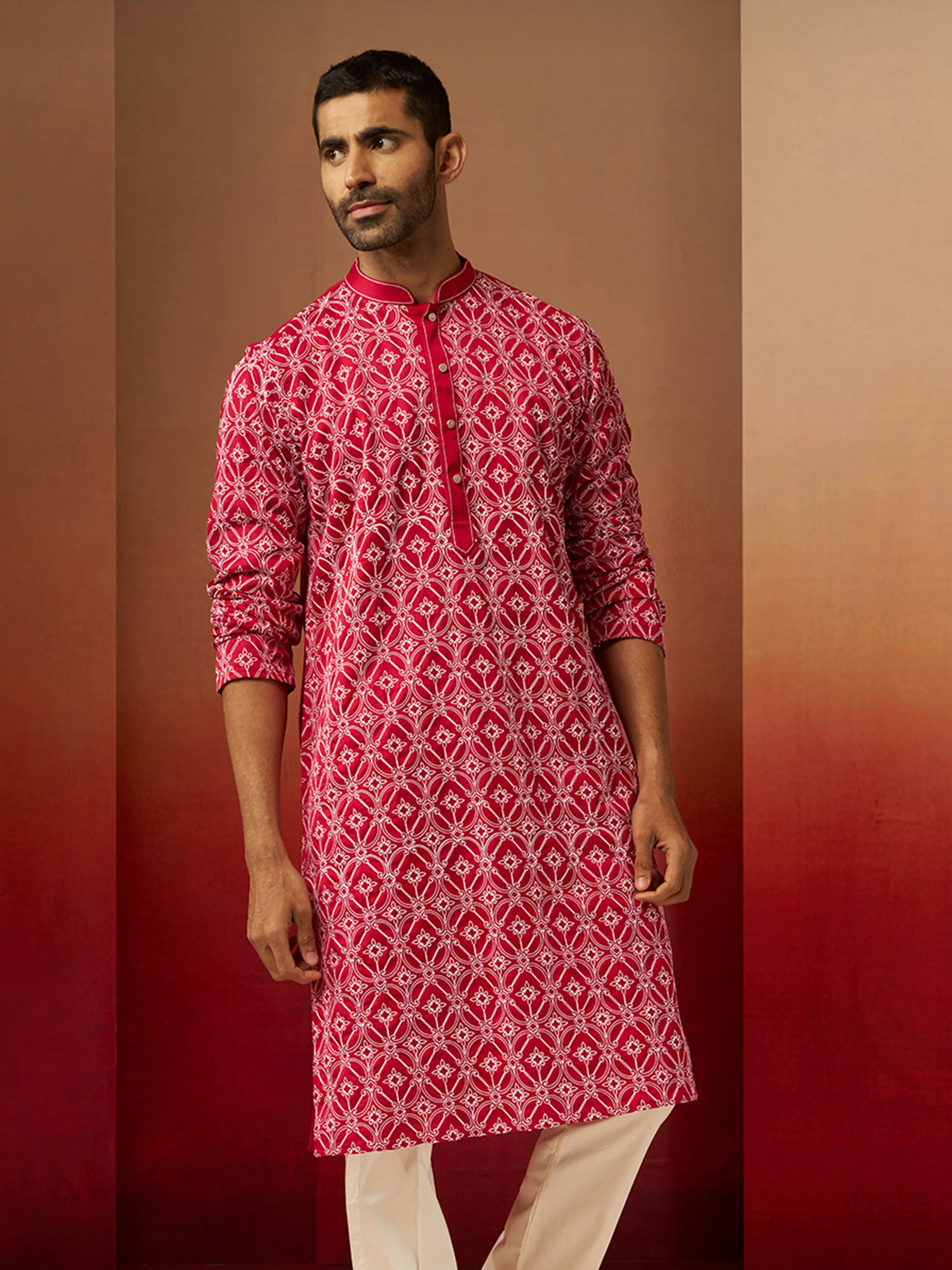 Vastramay Men Red Linen Silk Thread Embroidered Kurta - Image 4