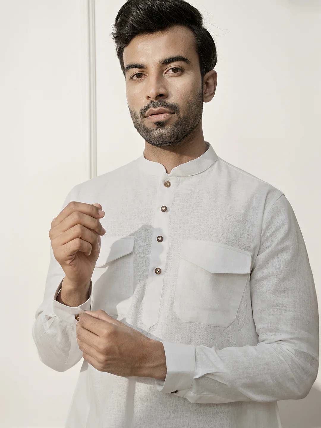Men White Cotton Linen Pathani Kurta With Palazzo Set - Image 2