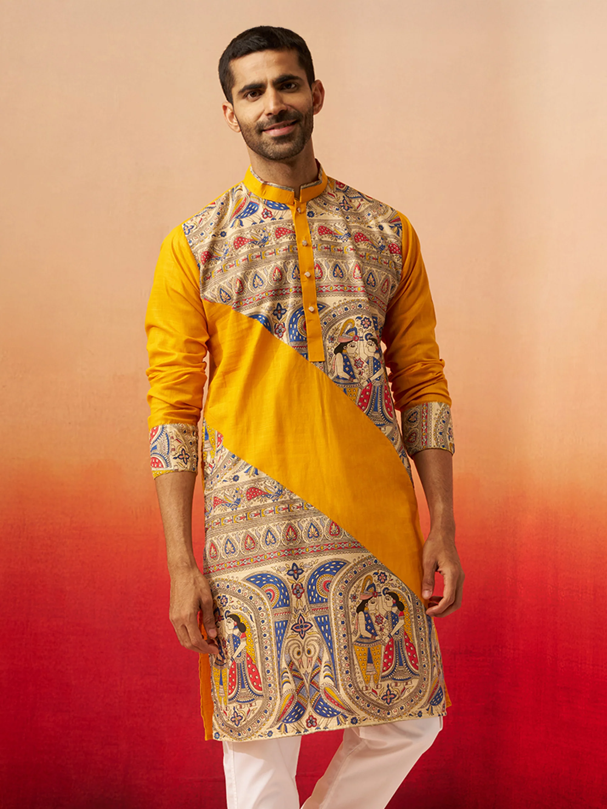 Vastramay Men Yellow Cotton Digital Print Kurta - Image 4