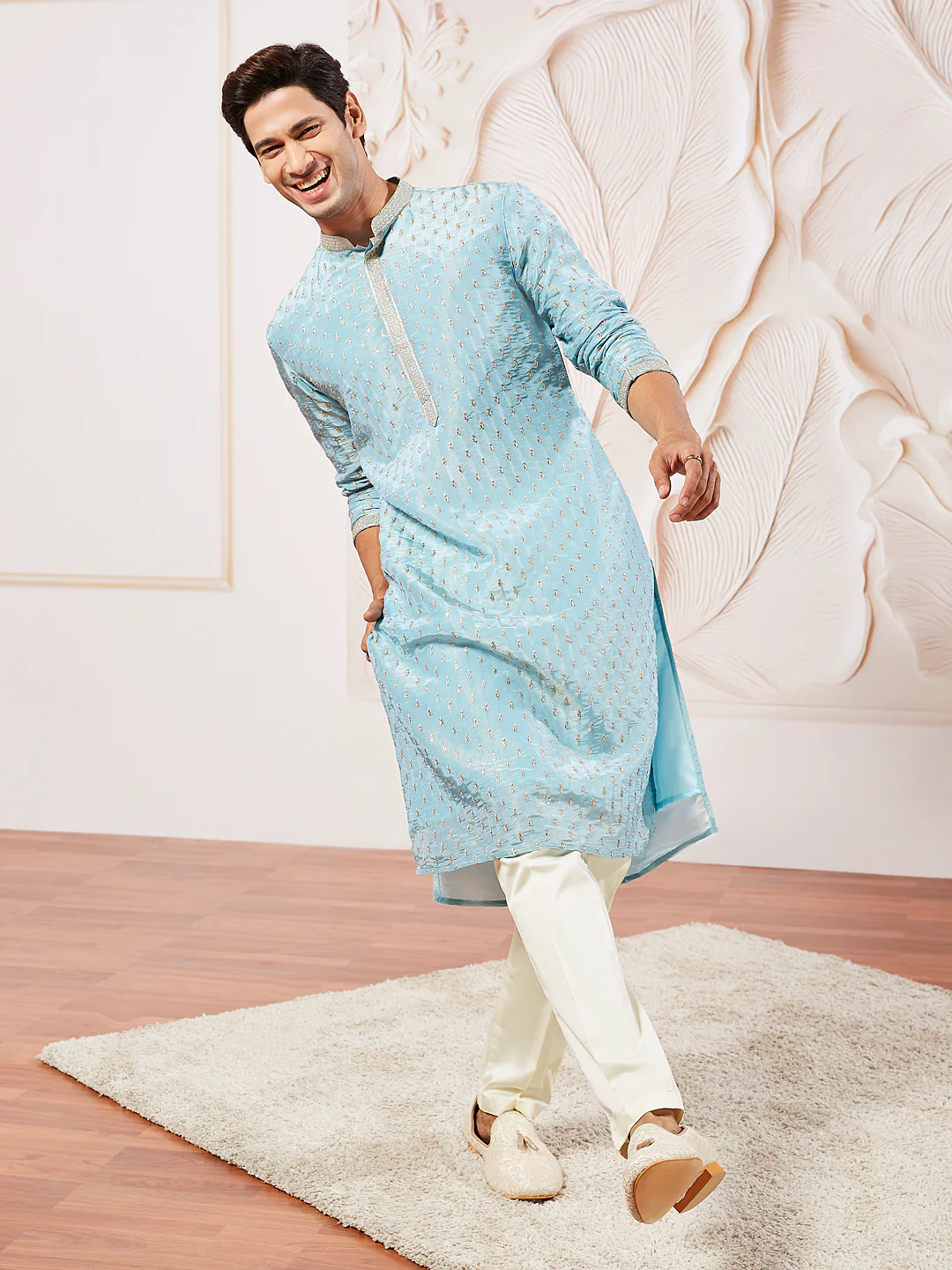 Men's Aqua Tissue Silk Kurta Pyjama Set