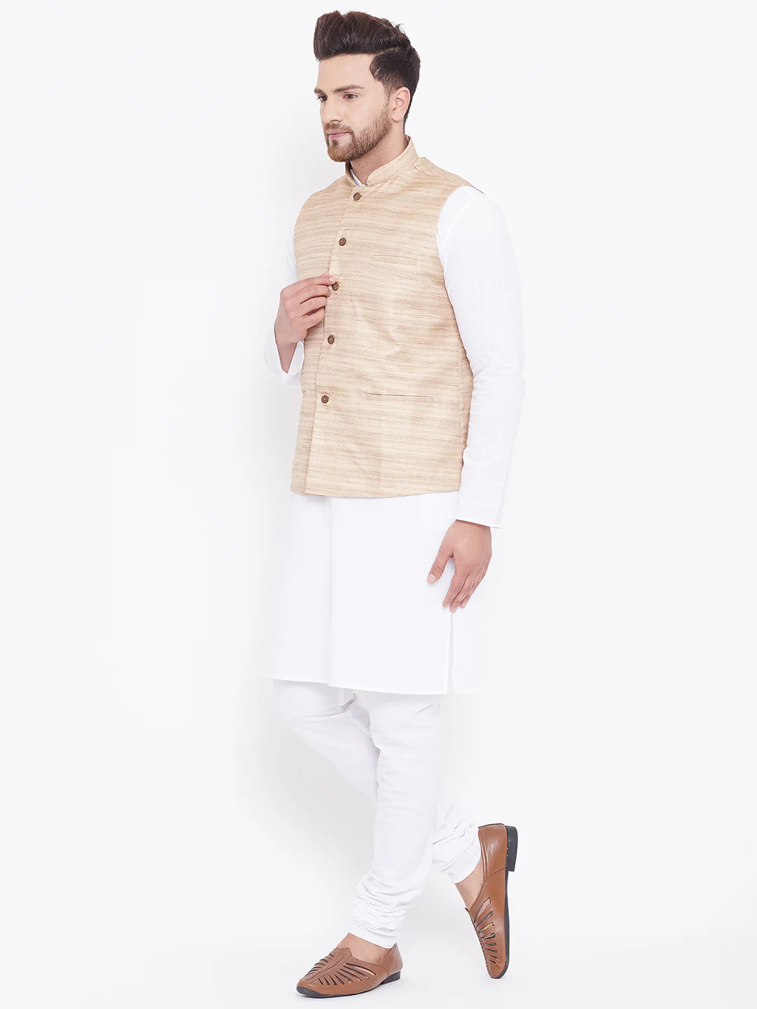 VASTRAMAY Men's Beige And White Cotton Blend Jacket, Kurta and Pyjama Set - Image 4