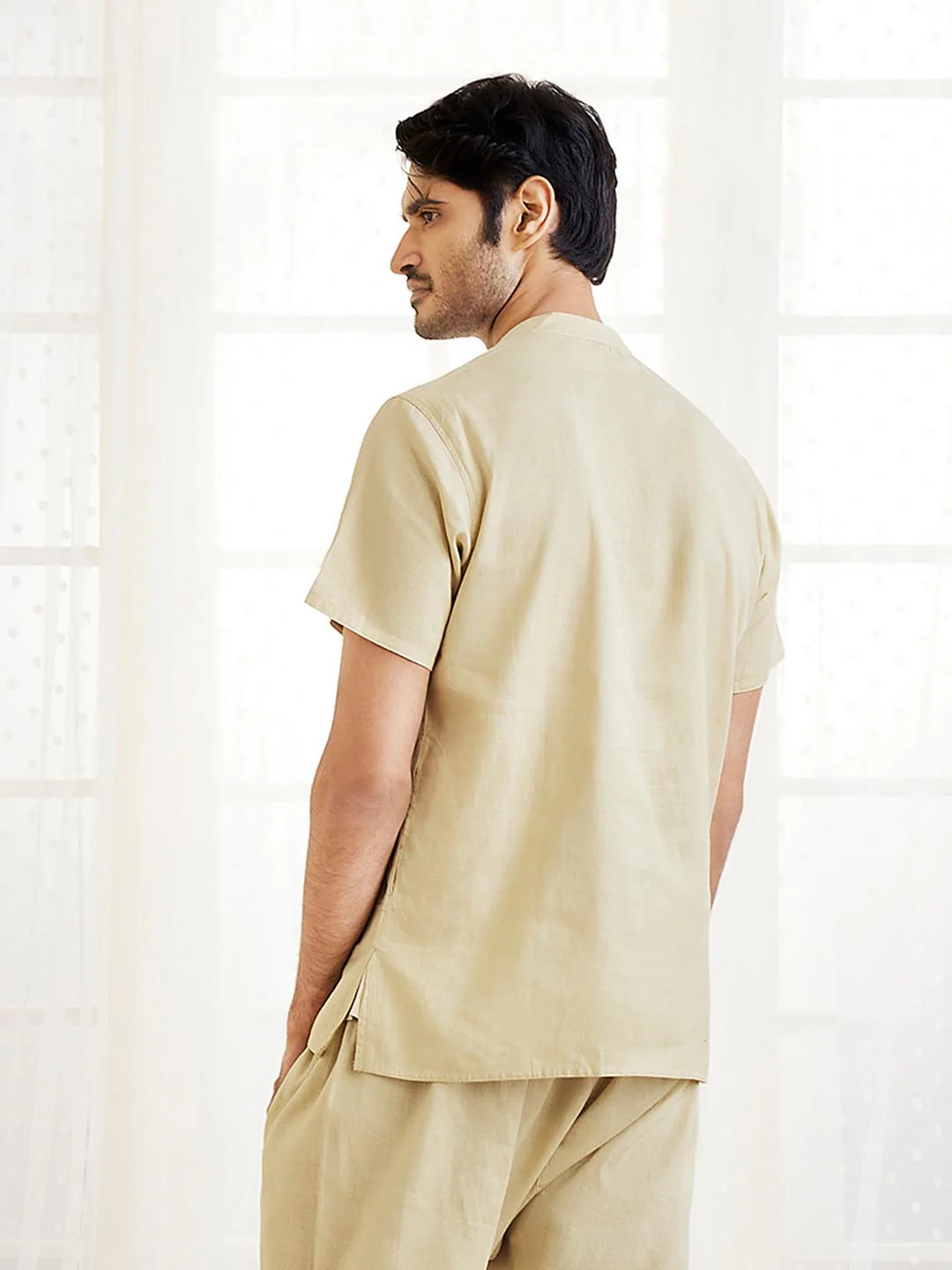 Men's Beige Cotton Short Kurta - Image 3