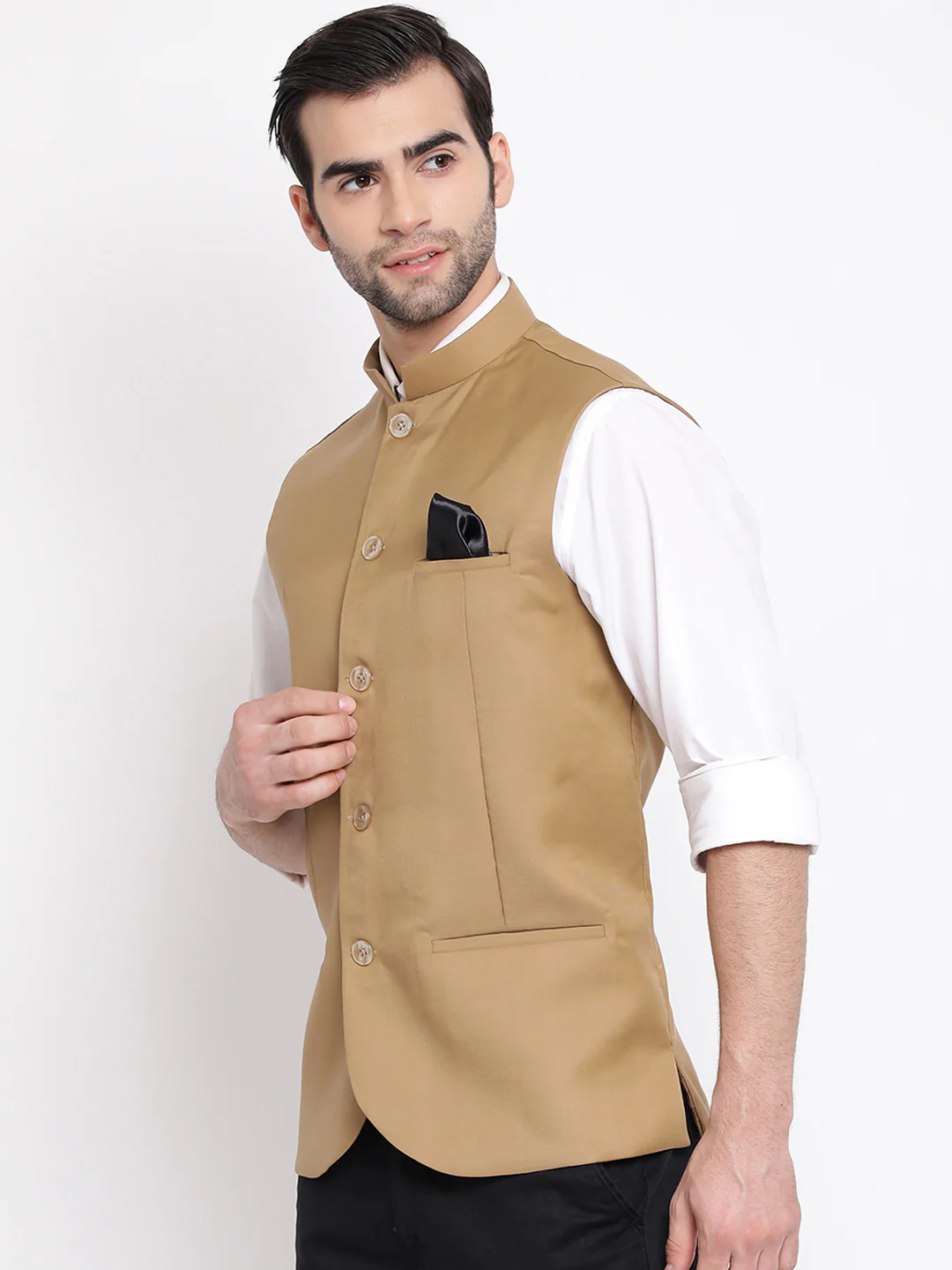 Men' S Beige Cotton Blend Twill Nehru Jacket - Image 3