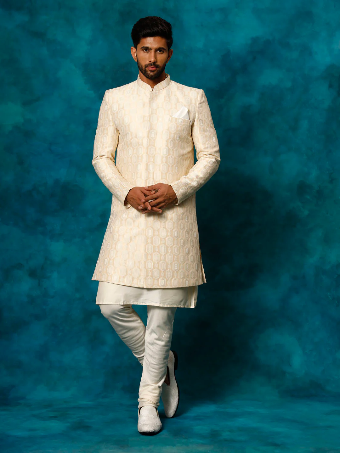 Men's Beige Imported Jacquard Indo With Kurta Pyjama Set - Image 7