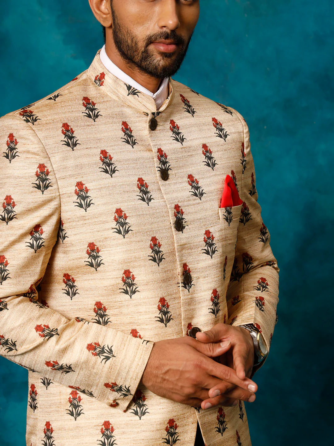 Men's Beige Printed Silk Jodhpuri - Image 4