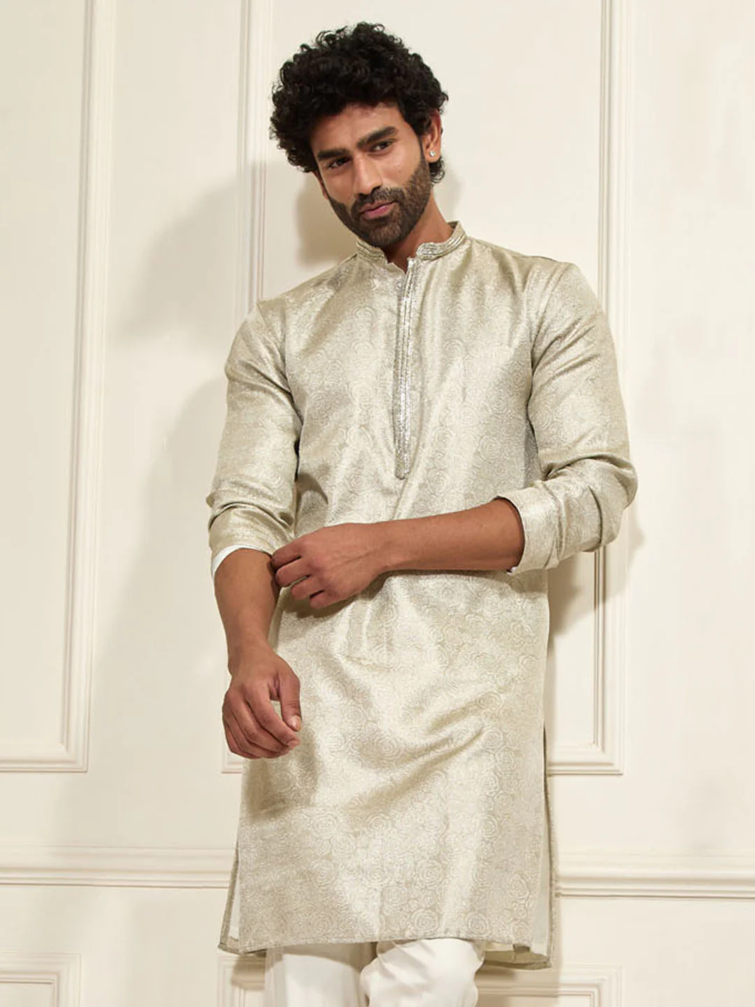 Men's Beige Tissue Silk Kurta - Image 5
