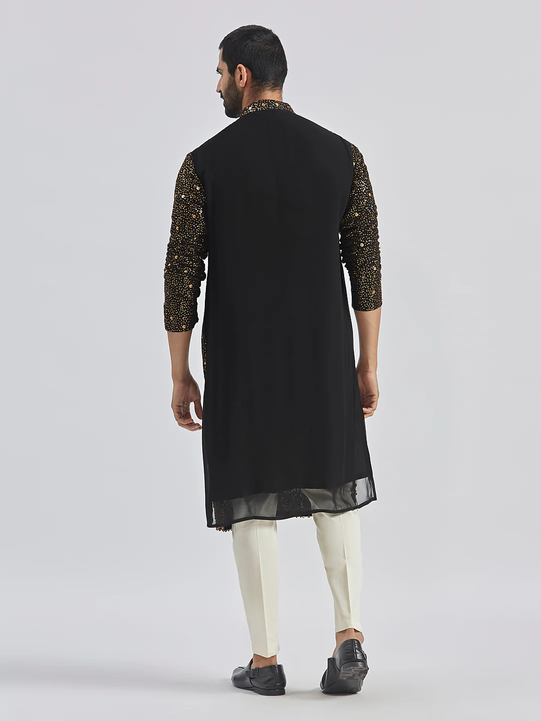 Men's Black And Cream Georgette Kurta Pyjama Set - Image 6