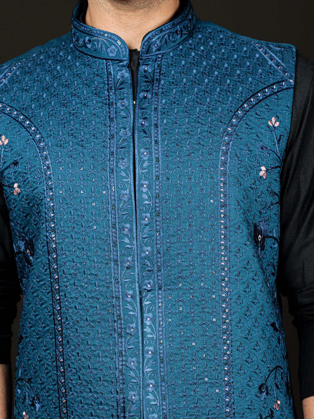 Men's Black And Turquoise Viscose Jacket, Kurta And Pyjama Set - Image 4