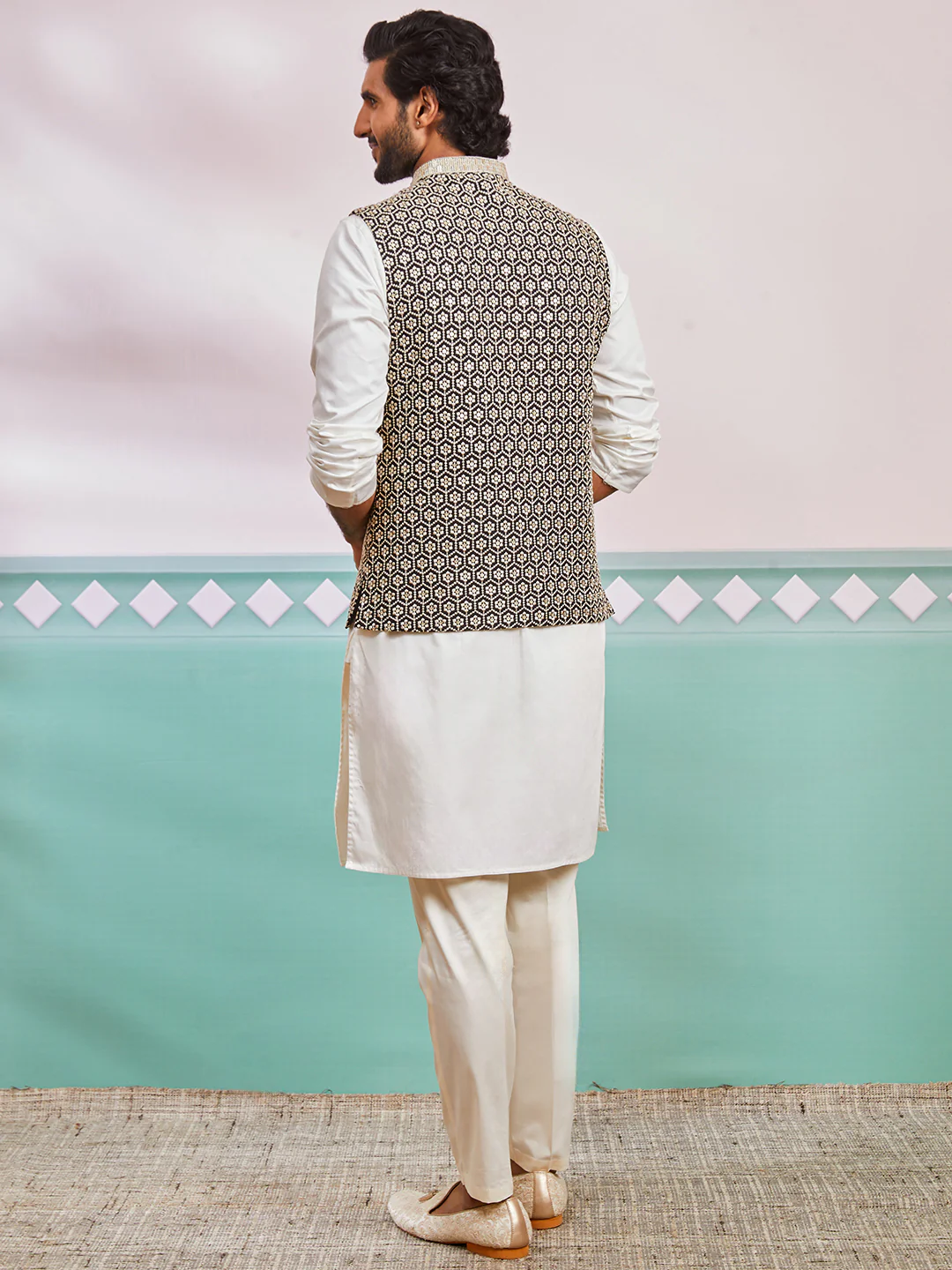 Men's Black Fine Satin Nehru Jacket, Kurta And Pyjama Set. - Image 5