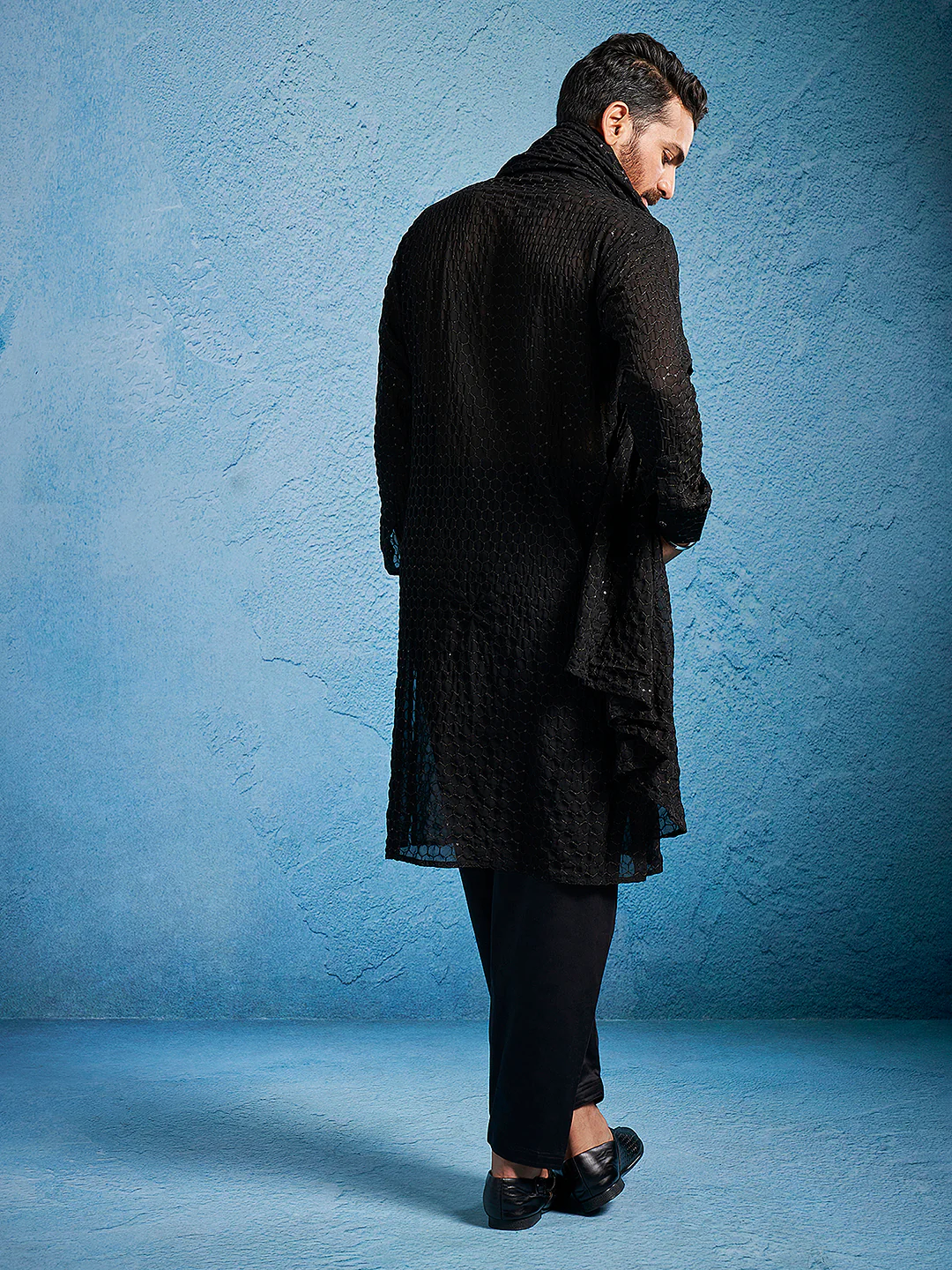 Men's Black Georgette Kurta, Pyjama & Dupatta Set - Image 5