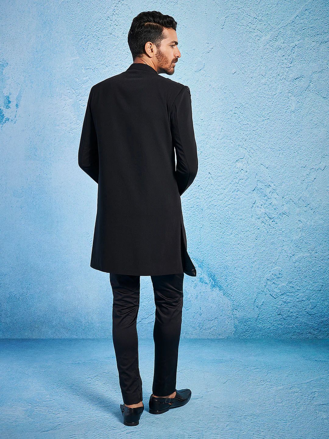 Men's Black Imported Suiting Lycra Sherwani Set - Image 5
