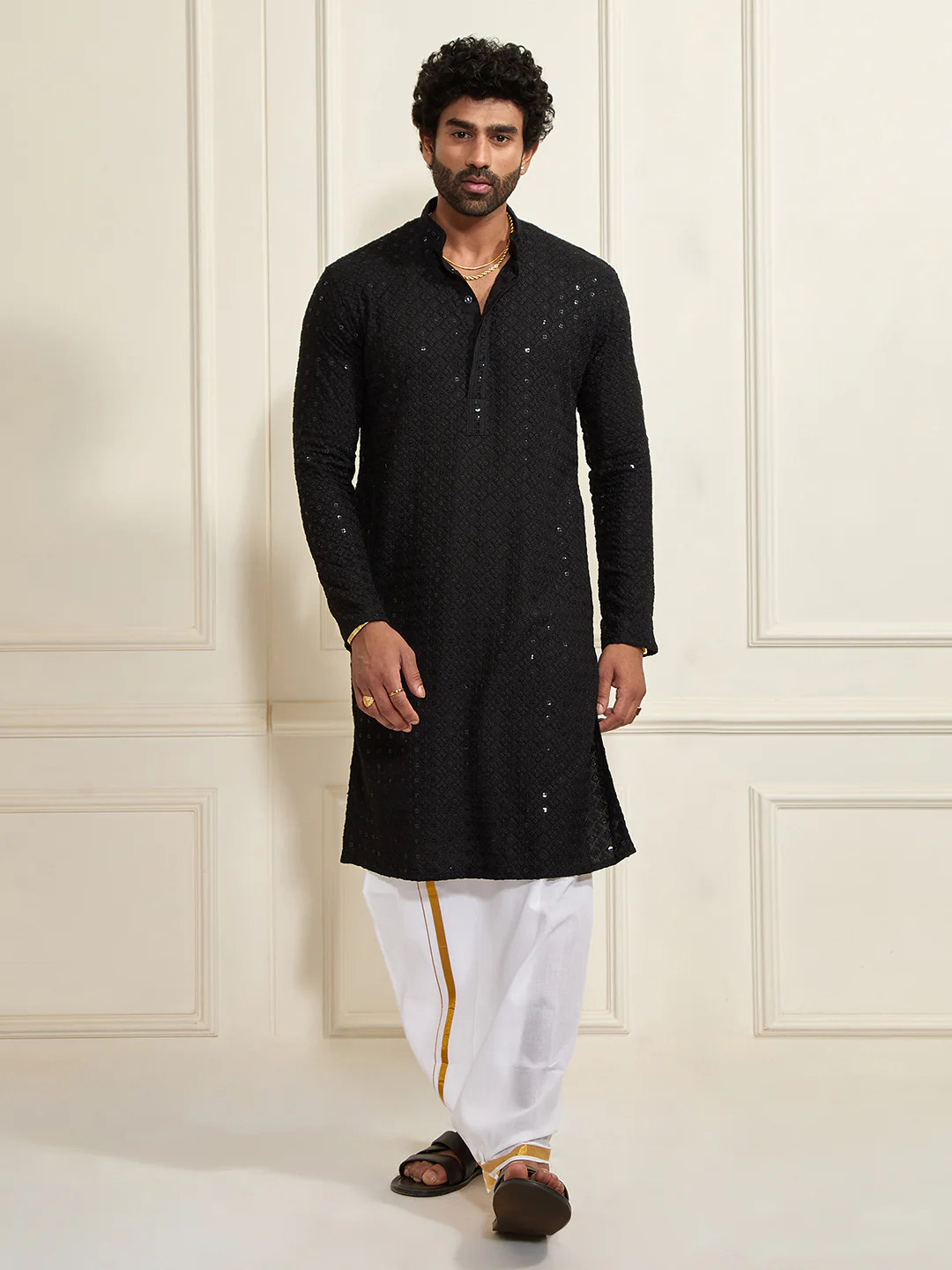 Men's Black Rayon Cotton Kurta And Mundu Set - Image 2