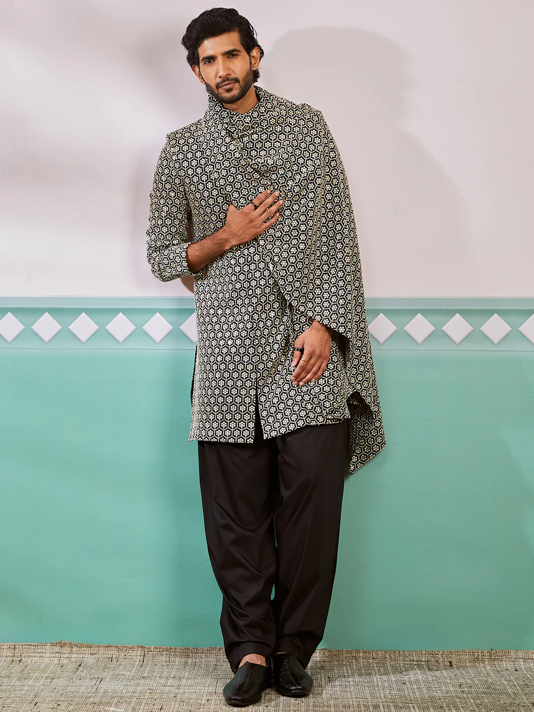 Men's Black Rayon Indo Western,Patiala And Dupatta Set