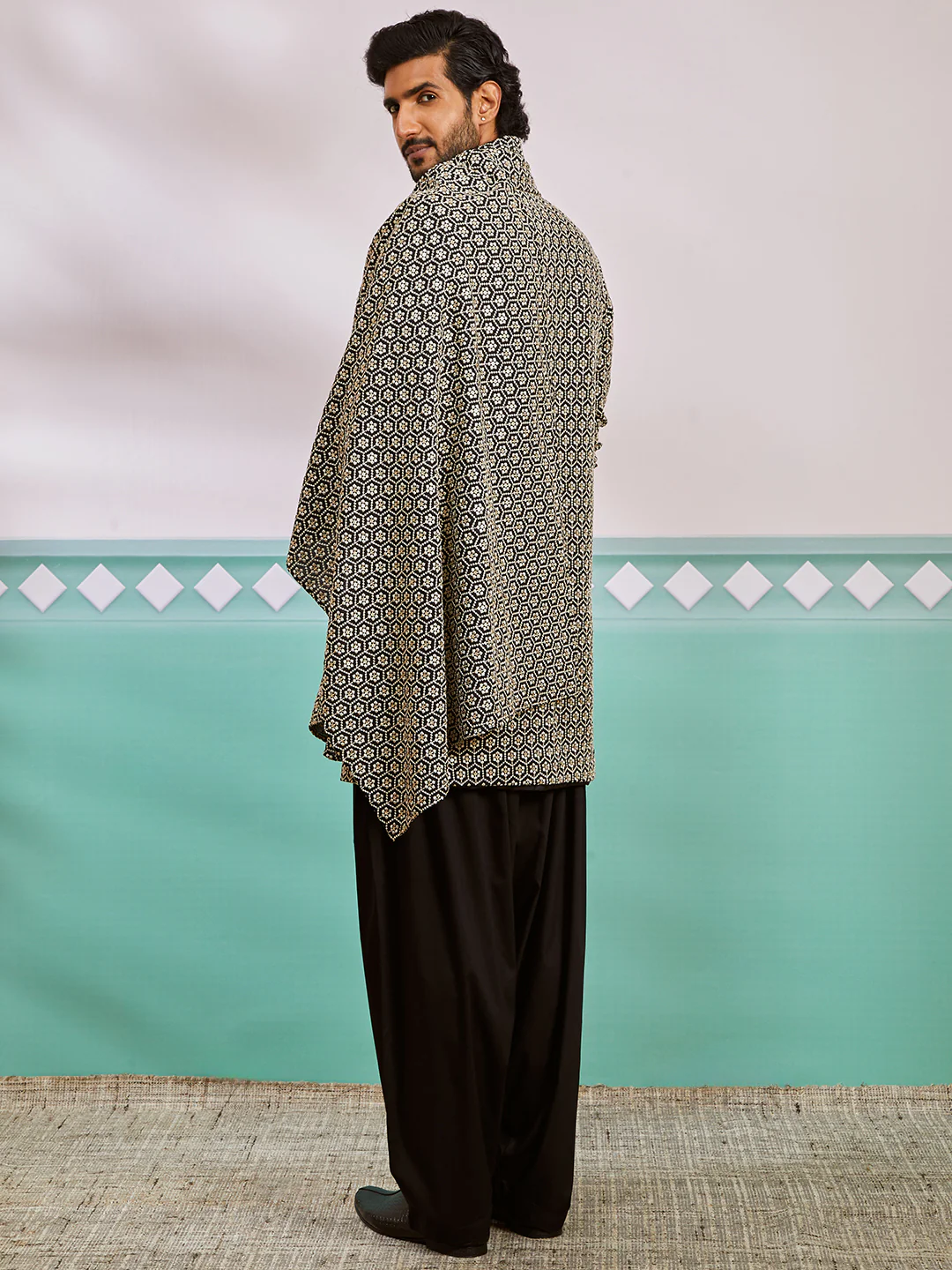 Men's Black Rayon Indo Western,Patiala And Dupatta Set - Image 5