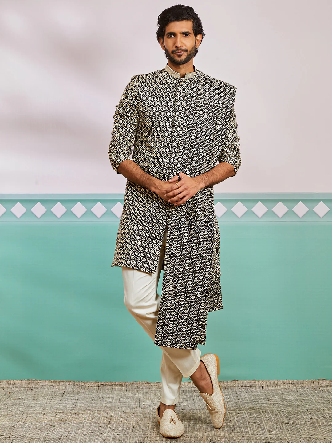 Men's Black Rayon Indo Western,Pyjama And Dupatta Set - Image 2
