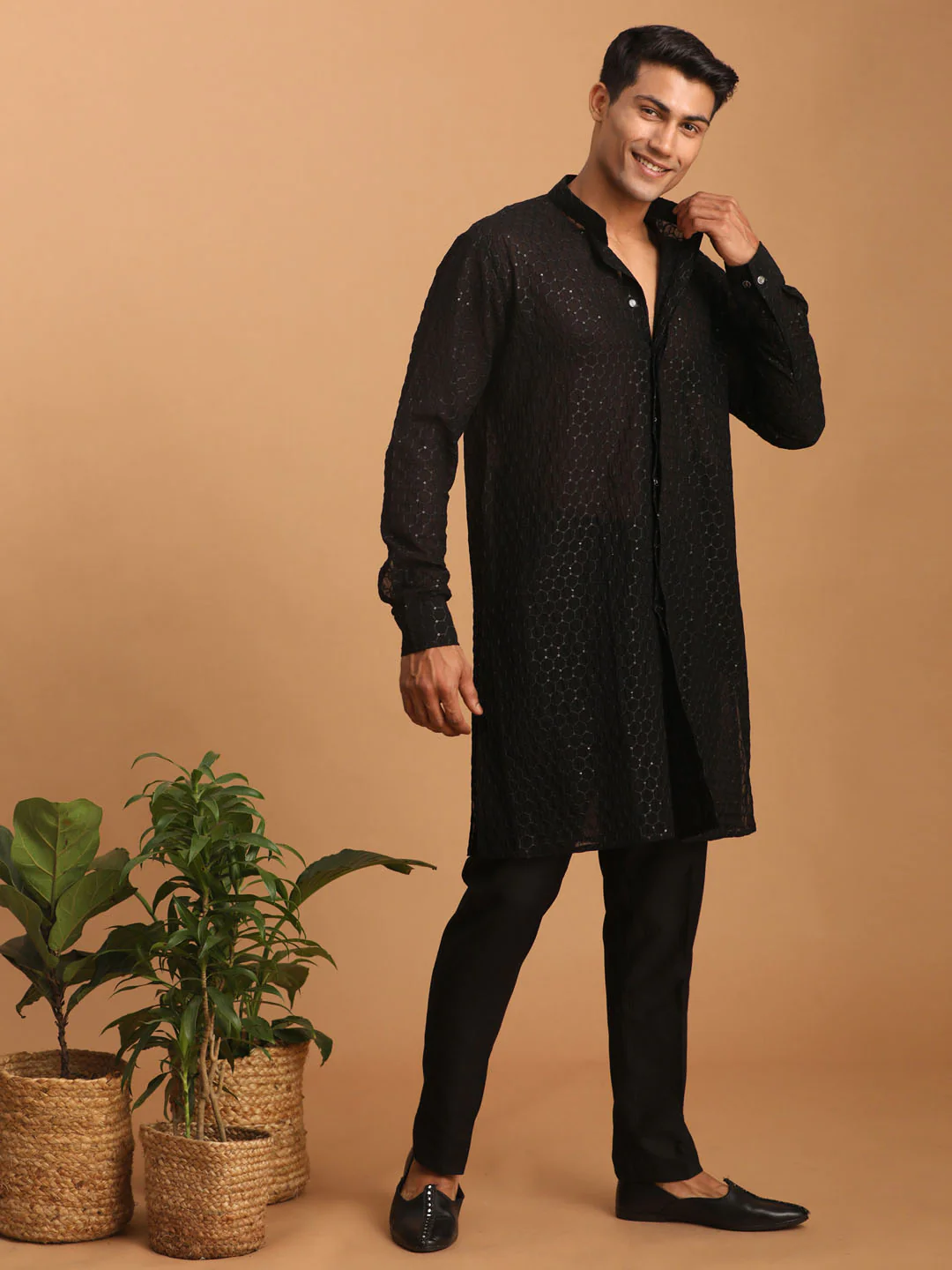 Men's Black Sequined Front Open Georgette Kurta - Image 5