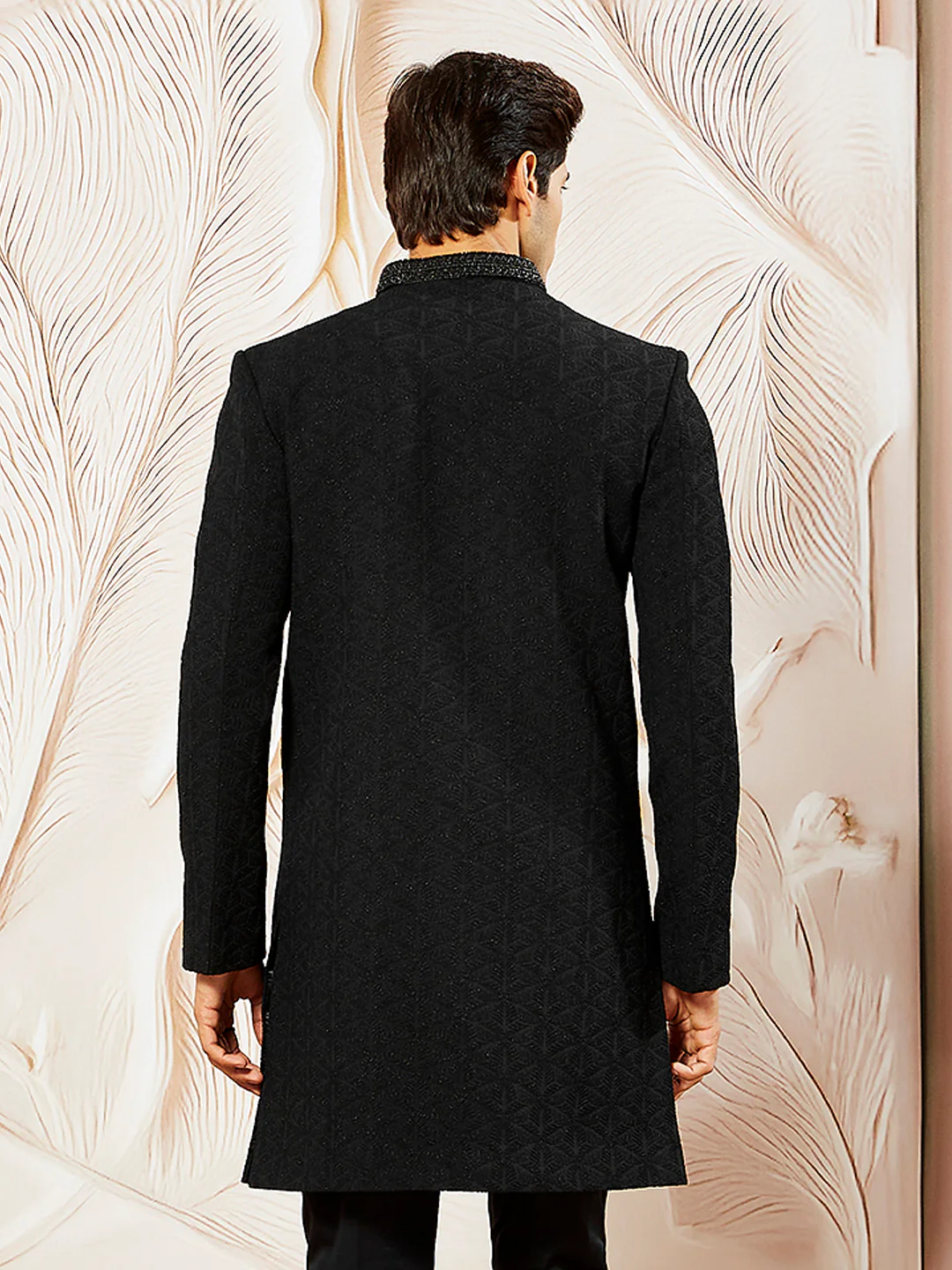 Men's Black Silk Blend Indo Western - Image 4