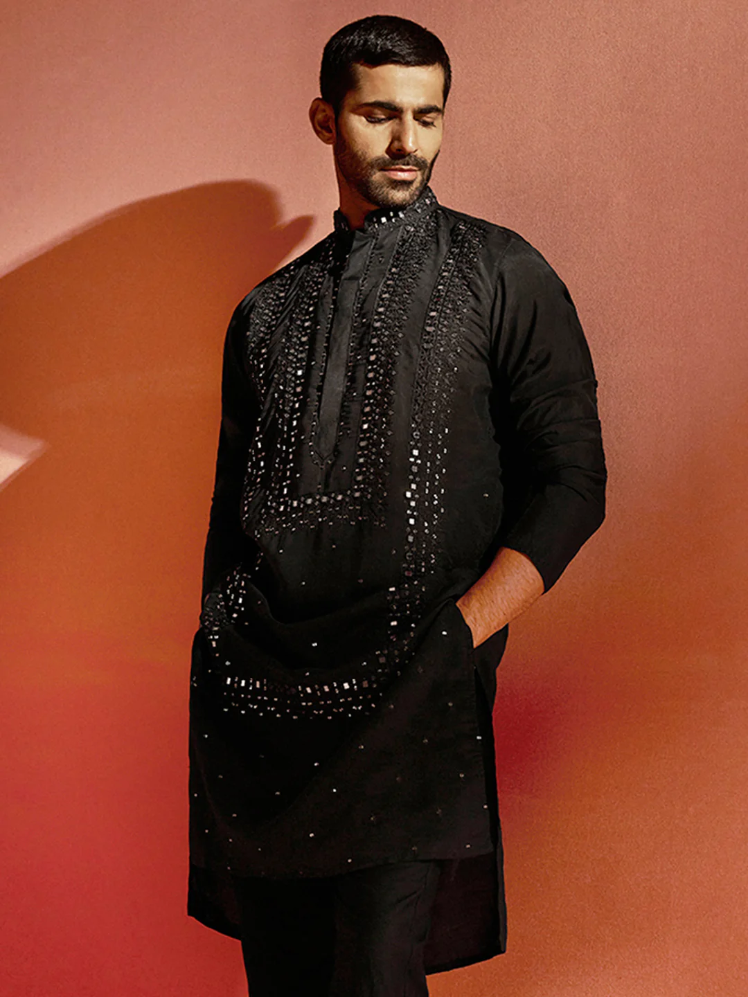 Men's Black Silk Blend Kurta - Image 5