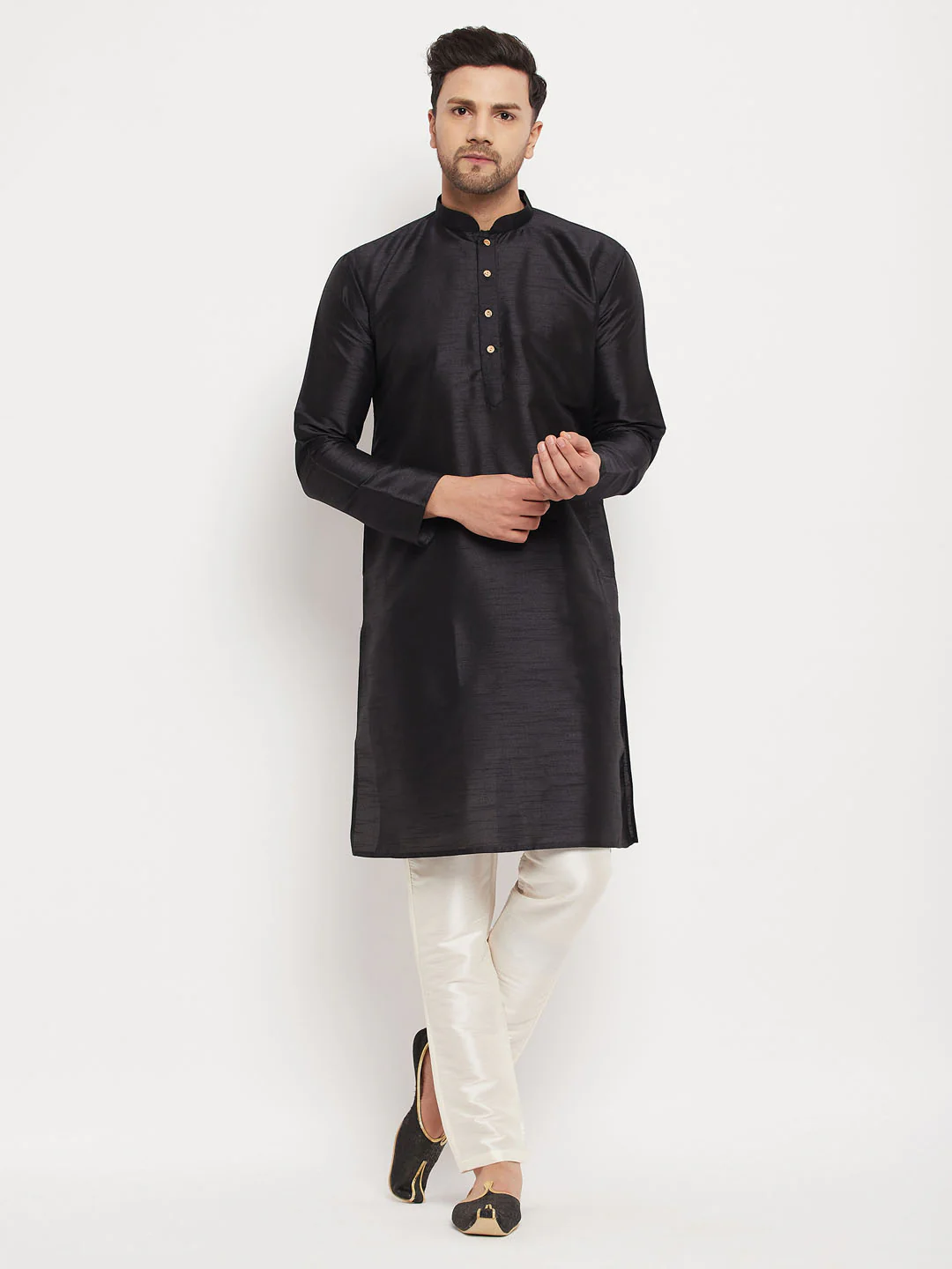 Men's Black Silk Blend Kurta And Cream Pant Style Pyjama Set